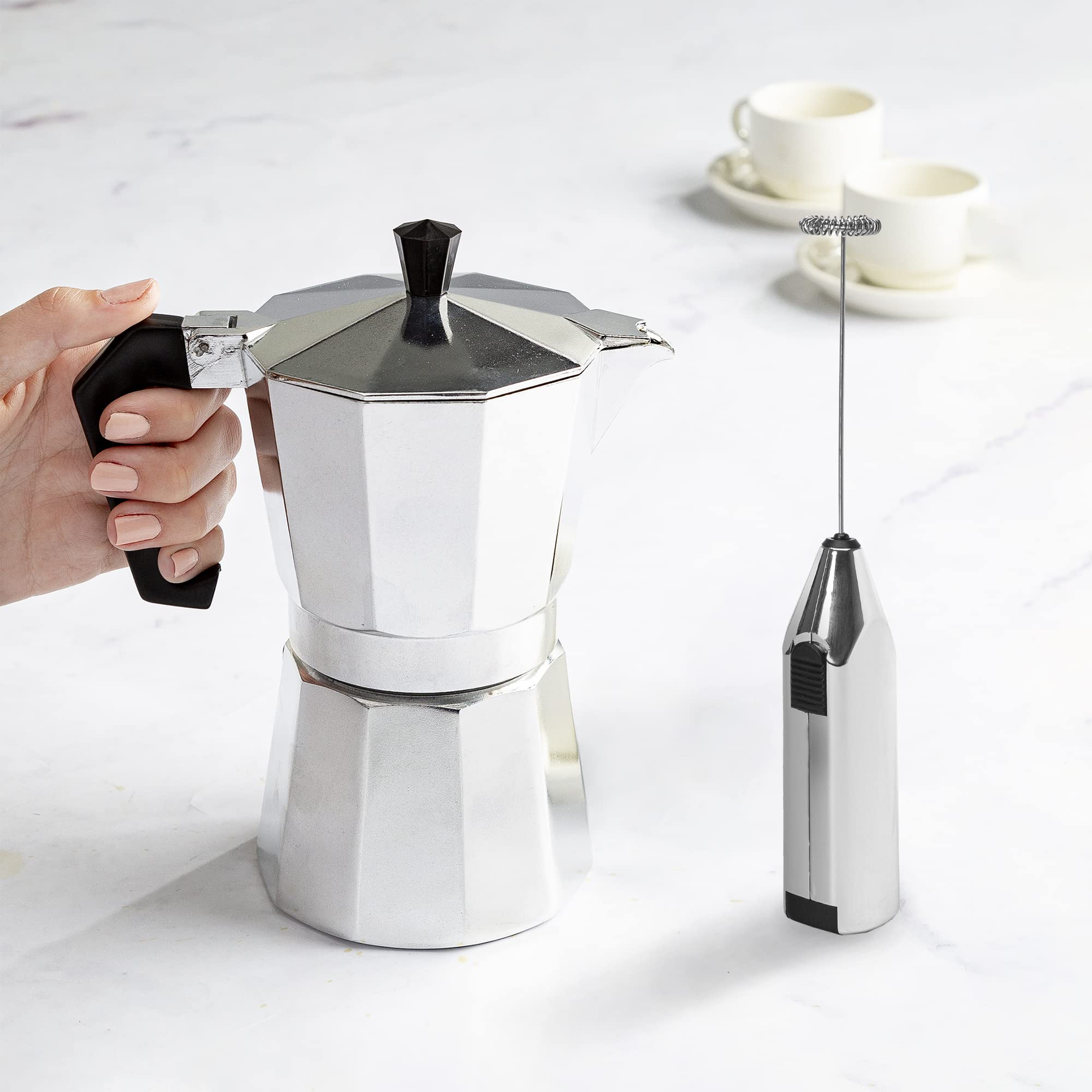 Primula Classic Moka Pot Stovetop Espresso and Coffee Maker, Italian and Cuban Cafetera for Rich Espresso Brewing, Durable Aluminum Greca Coffee Maker with Easy Grip Handle, 6-Cup, Black