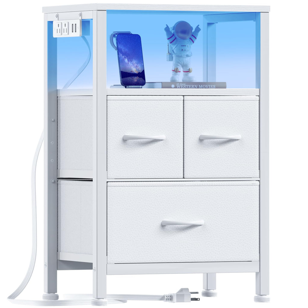 Furnulem Night Stand with Charging Station, LED, USB Ports and Outlets, Bedside Table with Fabric Bins, Nightstand with Open Shelf, Small Storage Side Table for Bedroom (3 Drawer, White)