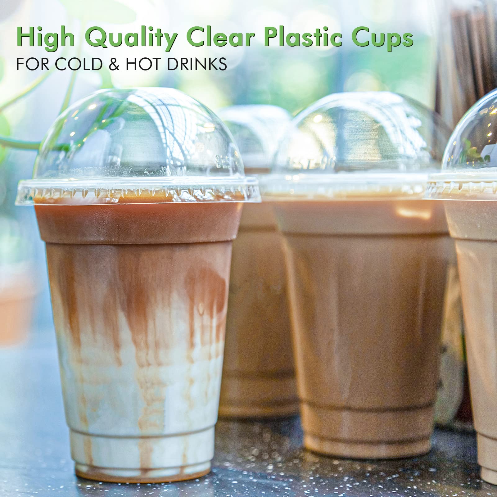 FOCUSLINE 200 PACK 12oz Clear Plastic Cups, Disposable Cold Drinking Cups, 12 Ounce Clear Cups with Dome Lids with Holes for Smoothie, Milkshake, Bubble Tea, Parfait
