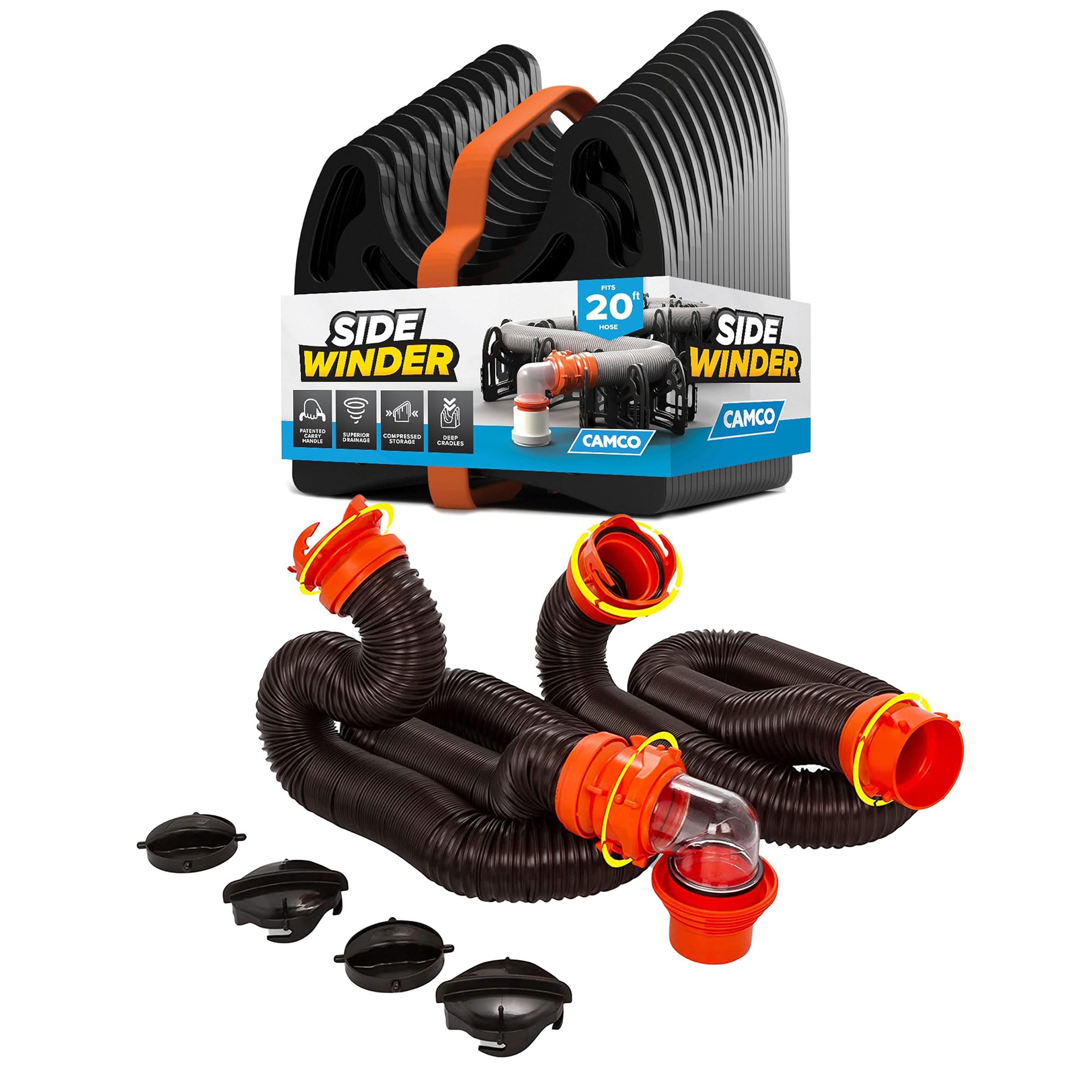 Camco RhinoFLEX 15' RV Sewer Hose Kit — Includes 4-in-1 Adapter, Clear Elbow, & Caps — Connects to 3″ Slip & 3″, 3 1/2″, 4″ NPT Threaded Sewer Connections (39770)