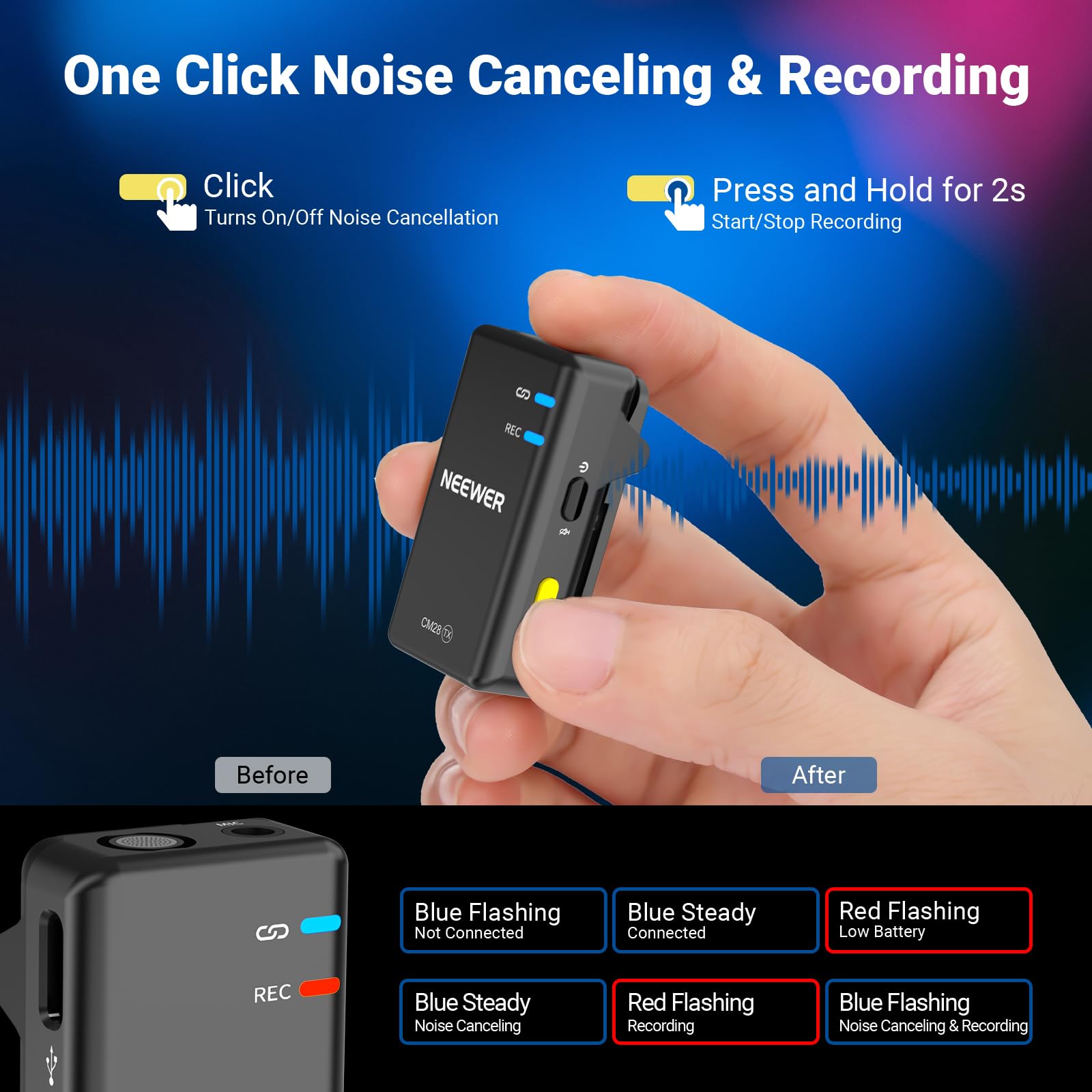 NEEWER CM28 Wireless Lavalier Microphone System, 1 Click Noise Canceling, 4GB Storage for 9Hrs of 48KHz 16 Bit Uncompressed Audio, Lapel Mic Compatible with iPhone/Android/PC/Camera/iPad