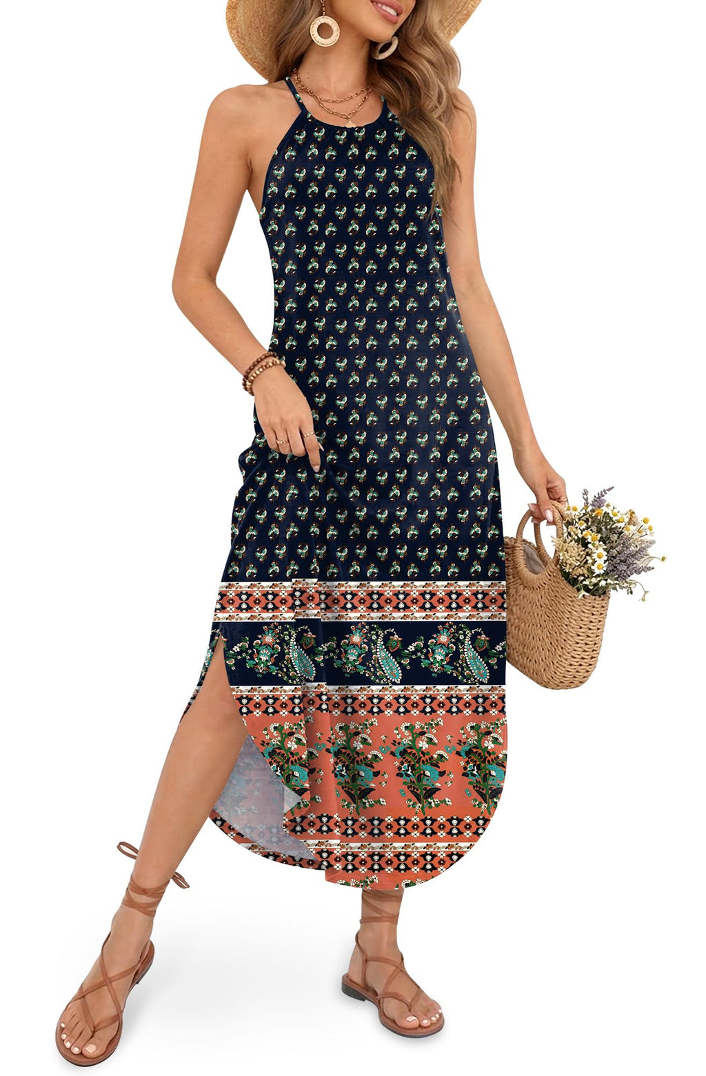 For G and PL Women's Summer Casual Halter Side Slit Maxi Beach Dress Resort Vacation Cruise Wear Sundress