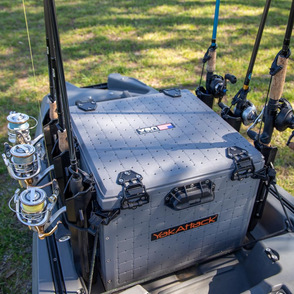 YakAttack BlackPak Pro 13" x 13" Fishing Crate with 3 Rod Holders - Battleship Grey | Compact Tackle Storage Box & Gear Organizer for Kayaks | Lightweight, Durable & Customizable Marine Accessory