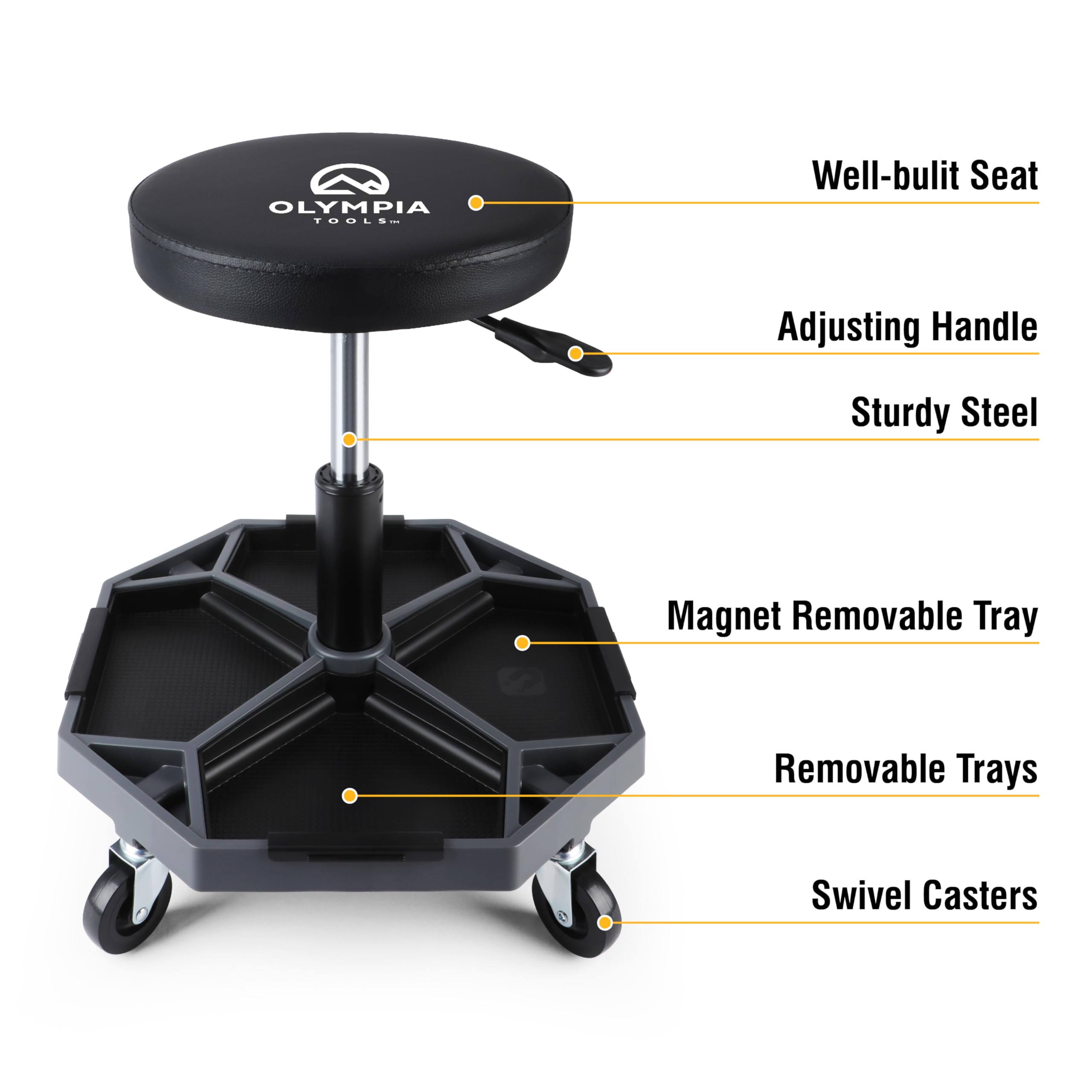 Olympia Tools Adjustable Hydraulic Rolling Mechanics Stool with with Removable Tool Tray, 300lbs Max Weight Capacity, 419-110-1002