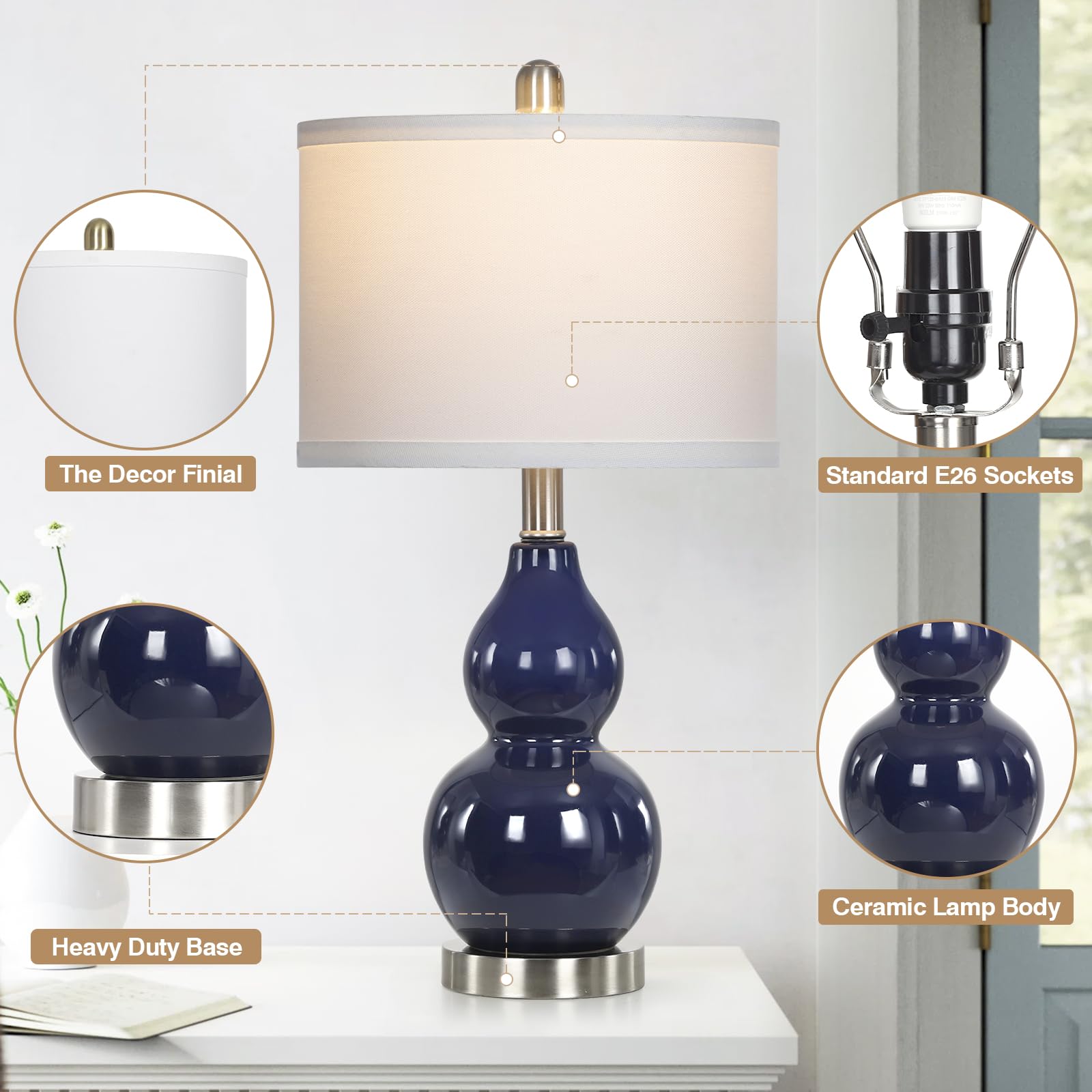 Rinweey Double Gourd Ceramic Table Lamps Set of 2, Modern Blue Bedside Lamps for Night Stand, Contemporary Nightstand Lamps for Bedroom Living Room (Bulb Included)