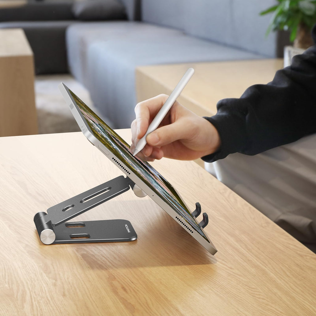 OMOTON Foldable Cell Phone Stand, C4 Portable Aluminum Phone Holder, Adjustable Phone Dock Cradle for iPhone 17/16/15 Pro Max Air, Small Tablets, All Smart Phones for Women Men Gift, Silver