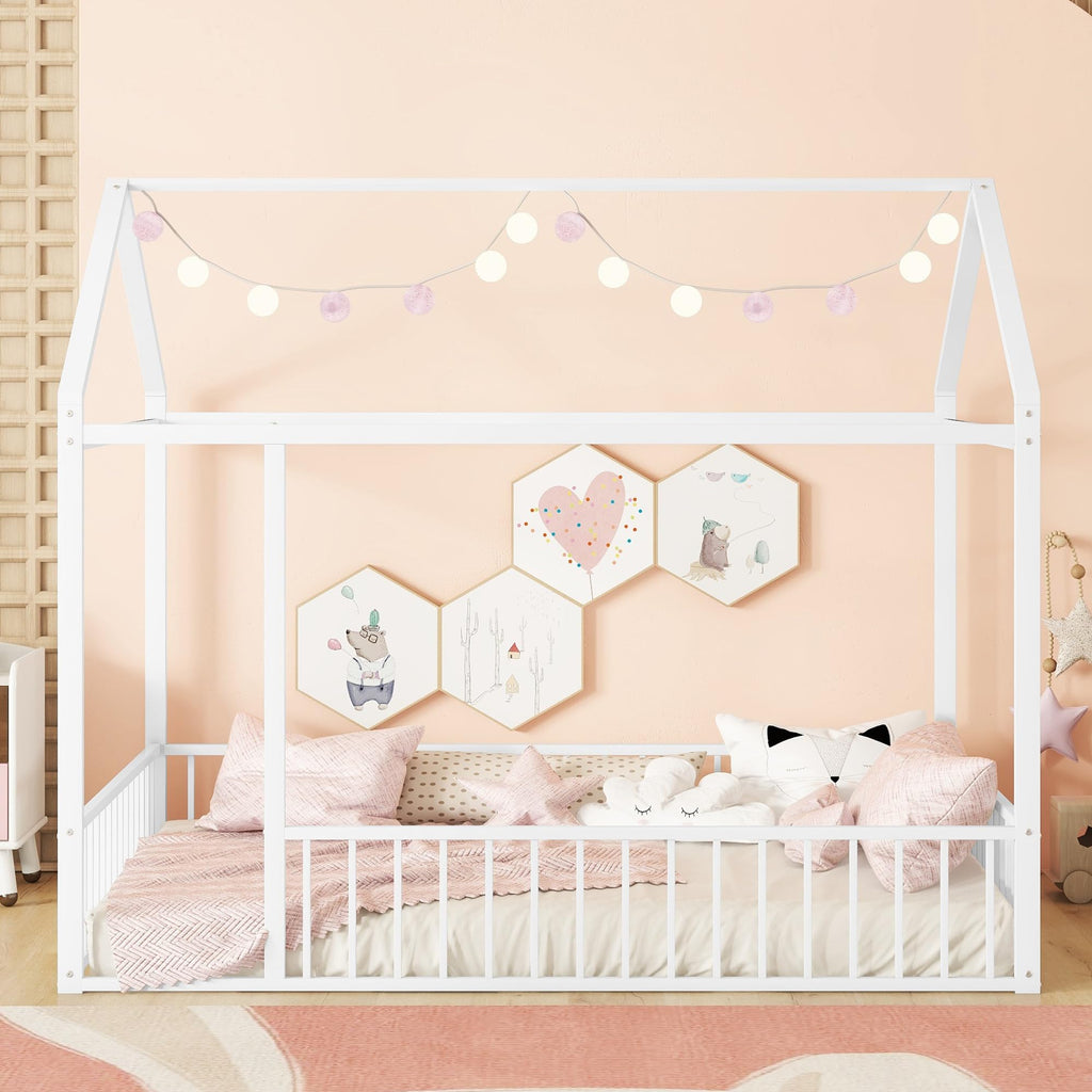 Bellemave Twin Size Montessori Floor Bed, Metal House Bed Framefor Kids, Montessori Floor Beds with Fence, Playhouse for Kids,Black