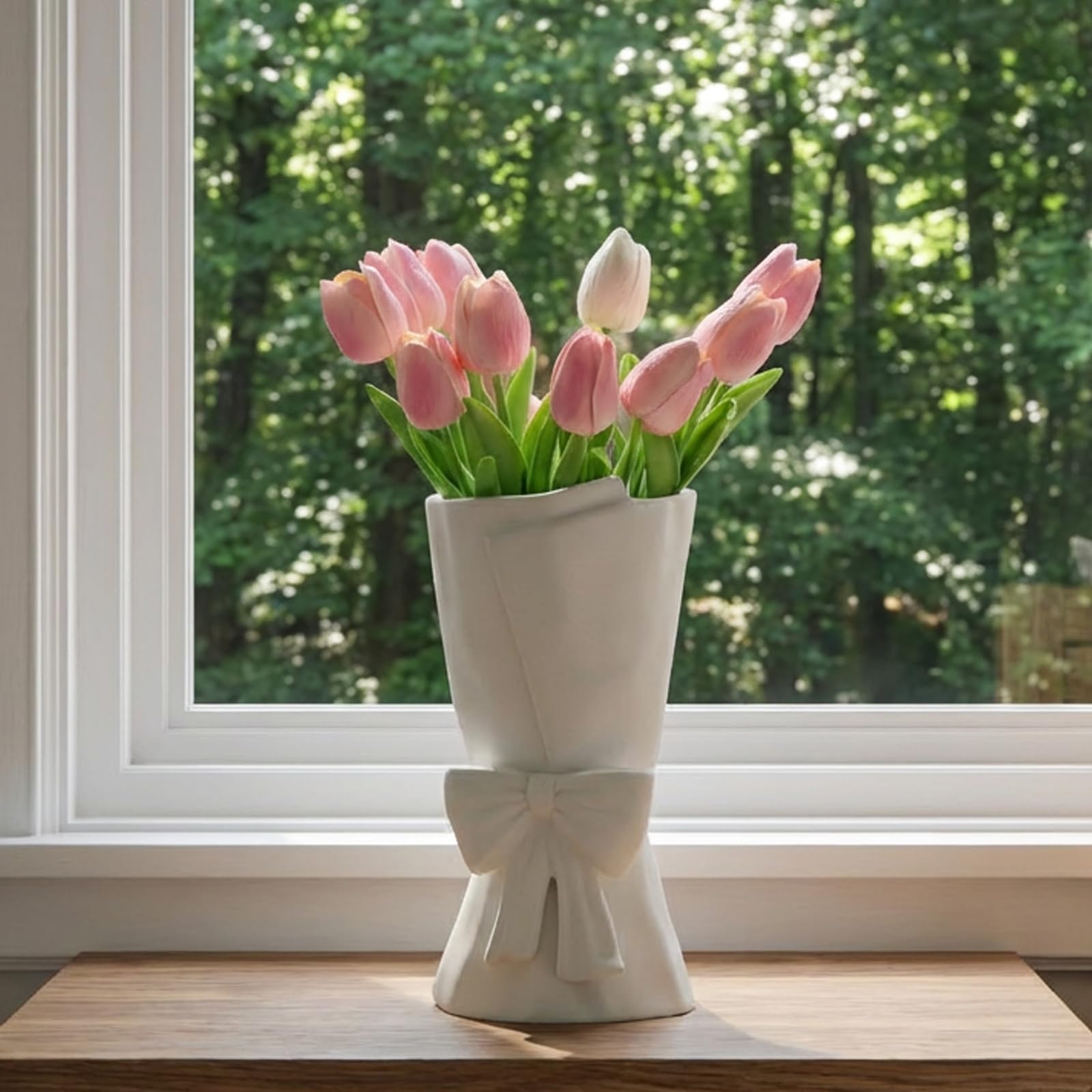 Relexome Beige Ceramic Bow Vase 9.64 in Unique Cute Modern Decorative Bouquet Flower Vases for Home Living Room Table Decor Women Girl Gifts