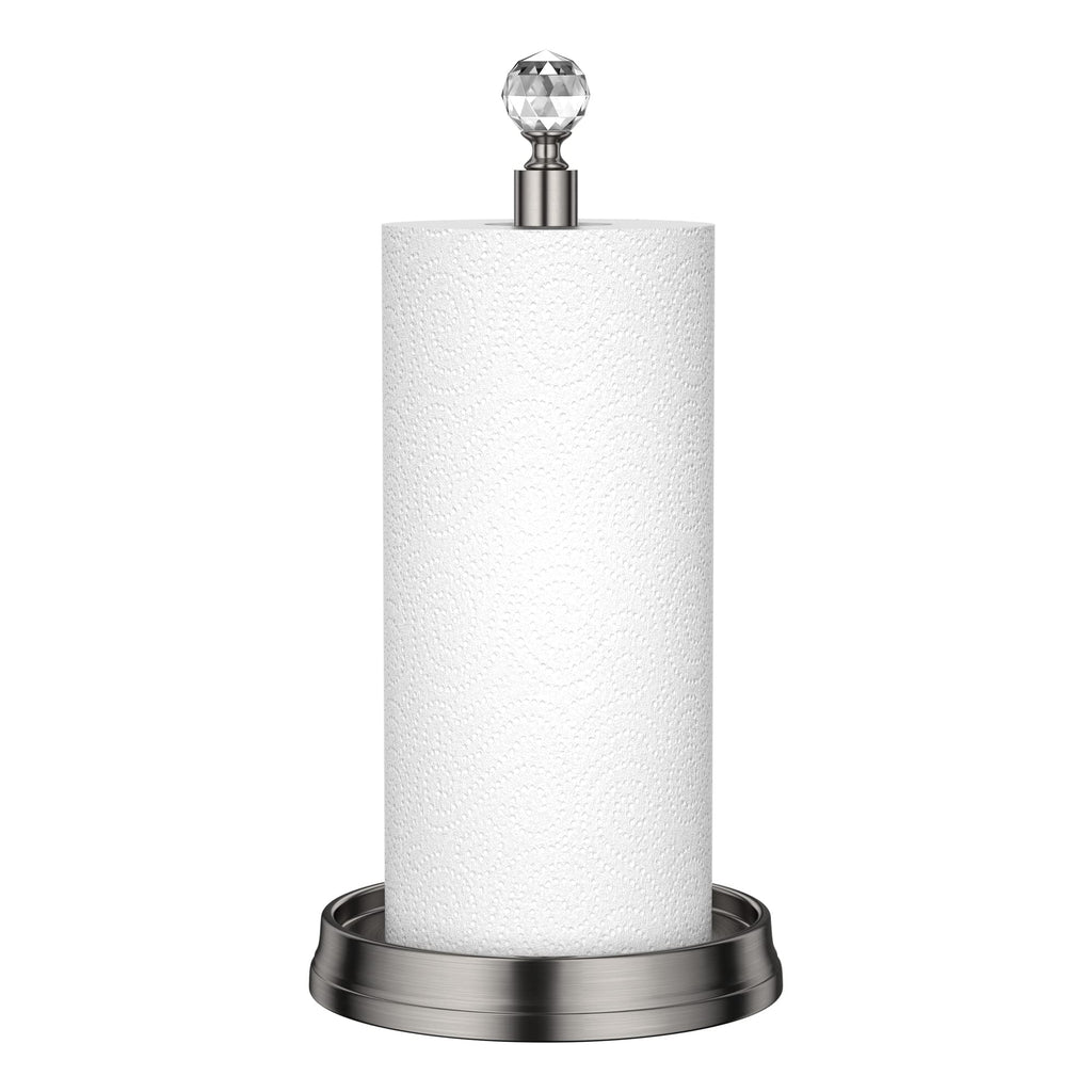 KASUNTO Paper Towel Holder with Crystal Ball - Steel Countertop Stand, Fits Standard & Jumbo Rolls, Brushed Nickel