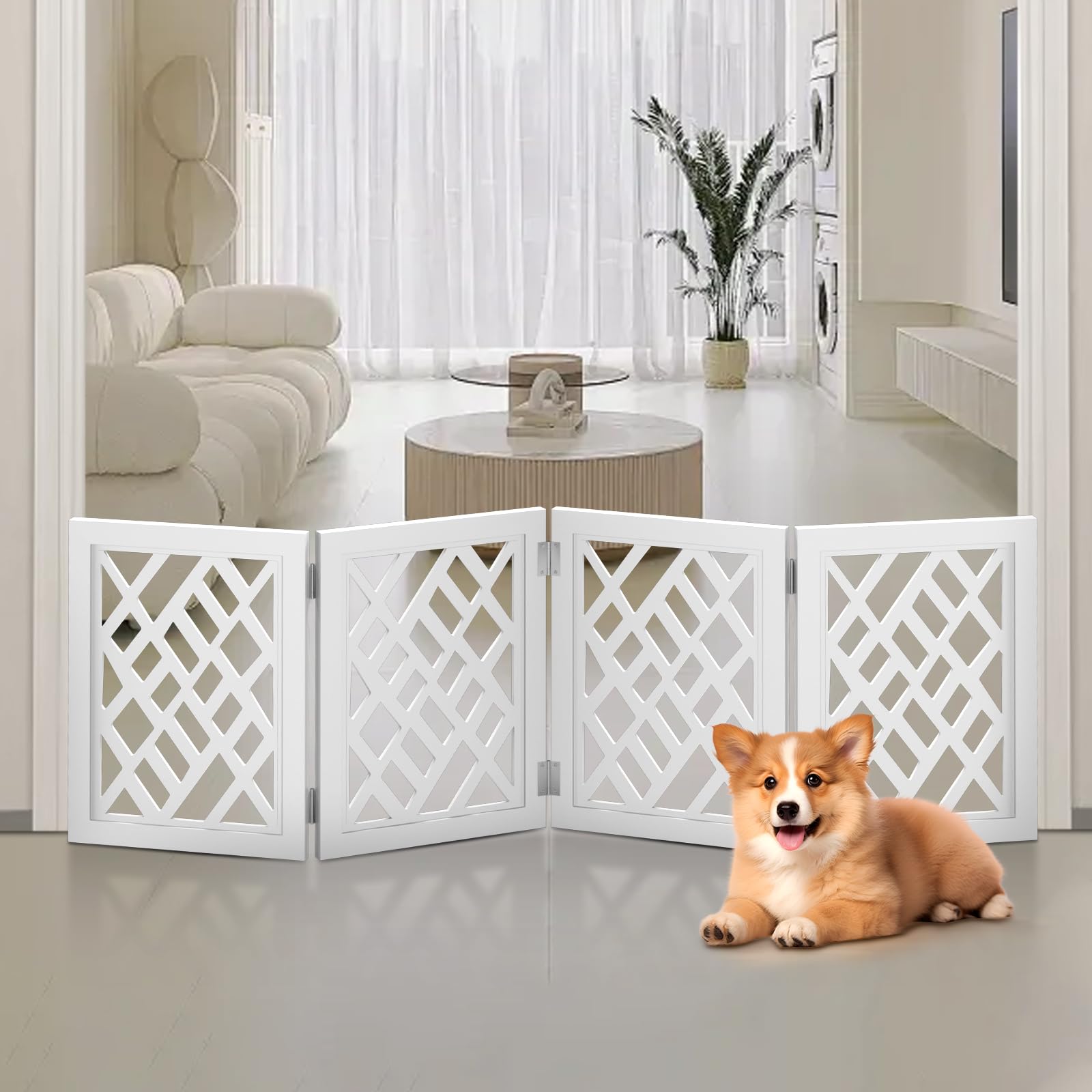 Cut-Out Design 16" Short Dog Gate for Small Dogs, Foldable Retractable Puppy Gate Indoor - Freestanding Lightweight Pet Barrier for Doorways, Stairs, Hallways (Extends to 35", White)