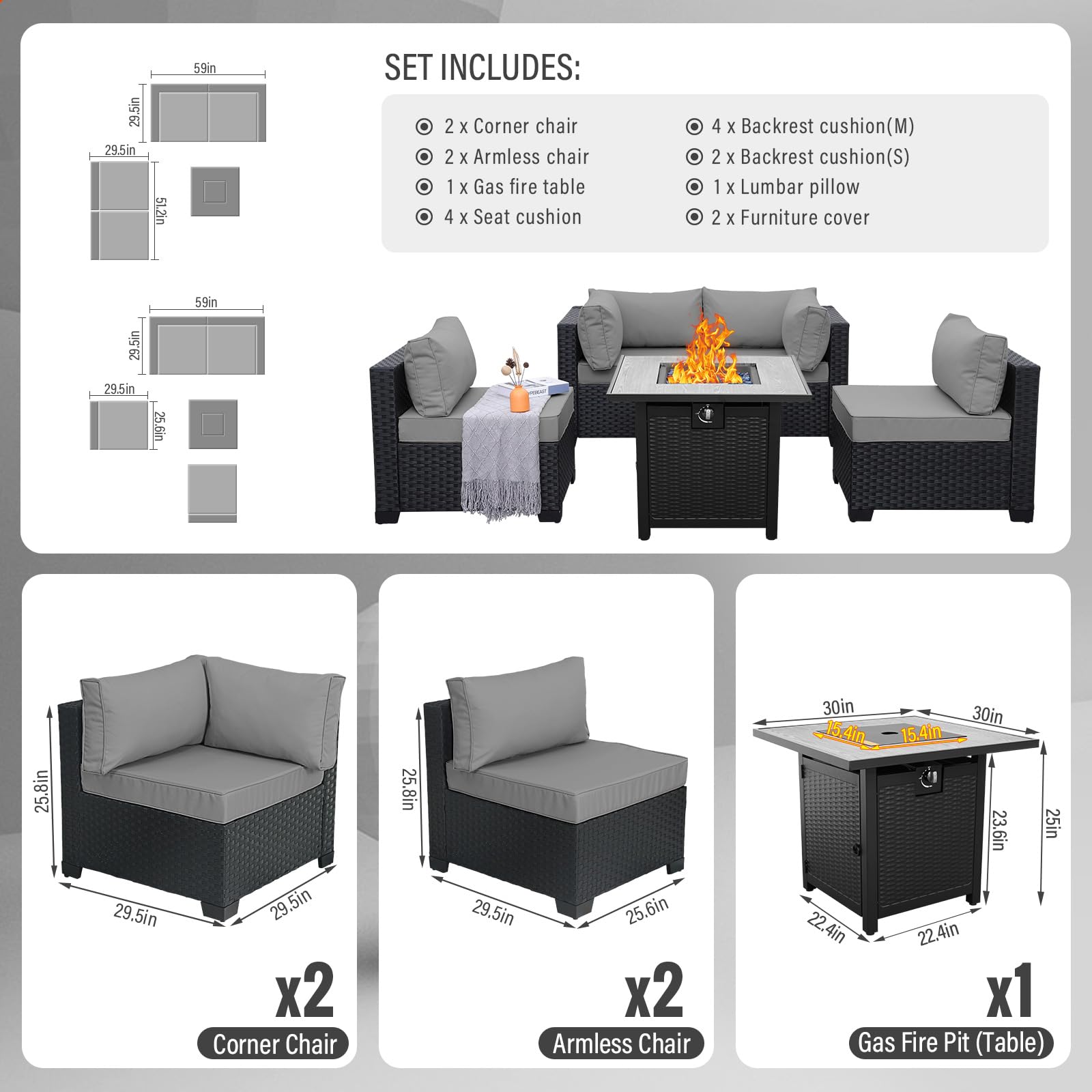 WAROOM Outdoor 5 Piece Patio Furniture Set, Black Rattan Conversation Couch Resin Wicker Sectional Sofa Outside Chair with Coffee Table, Grey Cushion