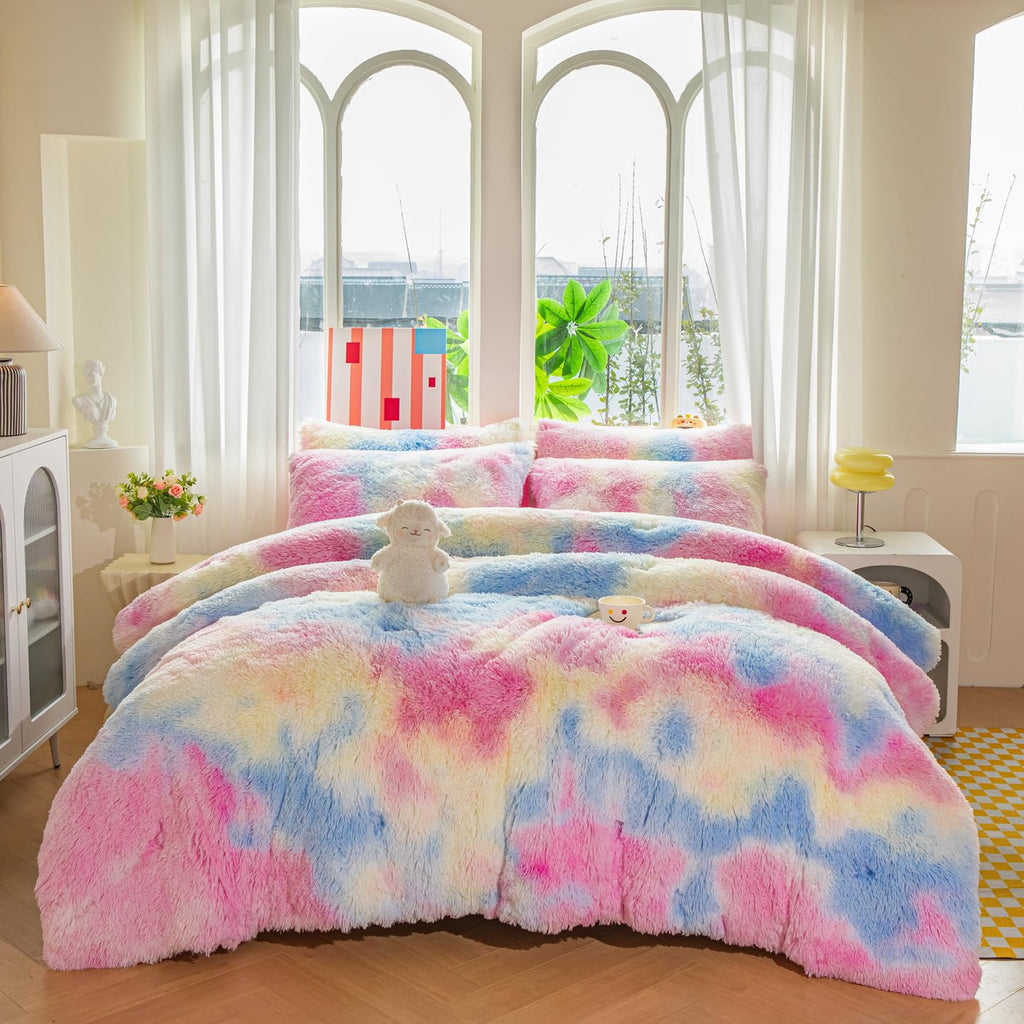 Faux Fur Kids Girls Purple Rainbow Comforter Sets Twin/Full - 3PC Bed Set Warm Comfortable Soft Plush Flannel Velvet Fluffy Fuzzy Bedding（Comforter x 1 Pillowcases x 2）