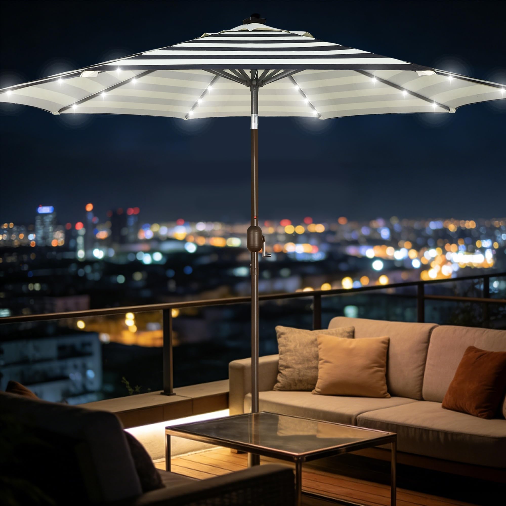 Blissun 9 ft Solar Umbrella, 32 LED Lighted Patio Umbrella, Table Market Umbrella, Outdoor Umbrella for Garden, Deck, Backyard, Pool and Beach (Light Blue)