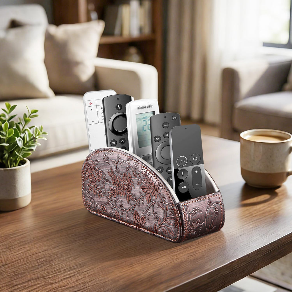 YAPISHI All-in-One Leather Brown TV Remote Holder with 5 Compartments Nightstand Desktop Media Player Remote Caddy Storage Box Organizer Tray for Mobile Office Phone Controller