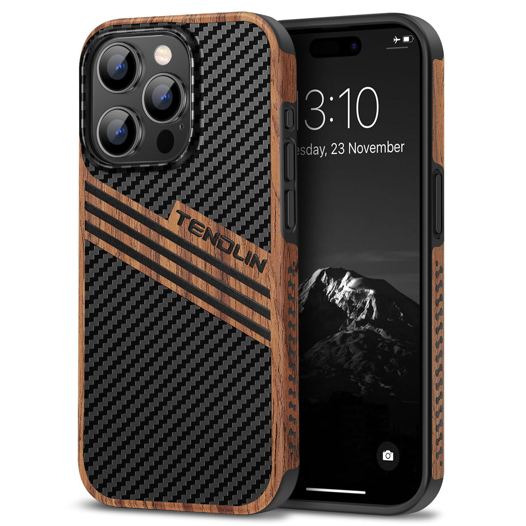 TENDLIN Compatible with iPhone 15 Case Wood Grain with Carbon Fiber Texture Design Leather Hybrid Slim Case (Black)