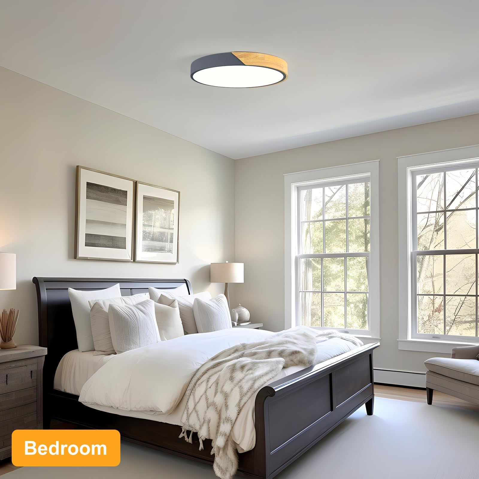Modern LED Ceiling Light, Minimalist Wood Dimmable Flush Mount Ceiling Light Fixture, Round 5CCT Lighting Lamp with Acrylic Lampshade for Bedroom Hallway Kitchen Laundry, Black 11.8"