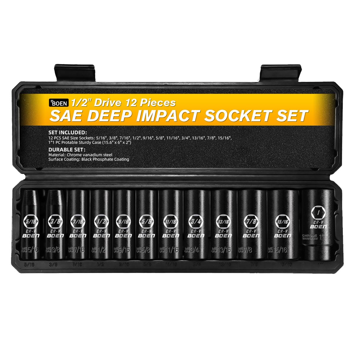 BOEN 1/2" Drive Deep Impact Socket Set, 11 Pieces Socket Set Metric 10-24mm, 6 Point Design, Cr-V Steel, Laser Marking, Durable Storage Case, Meets ANSI Standards