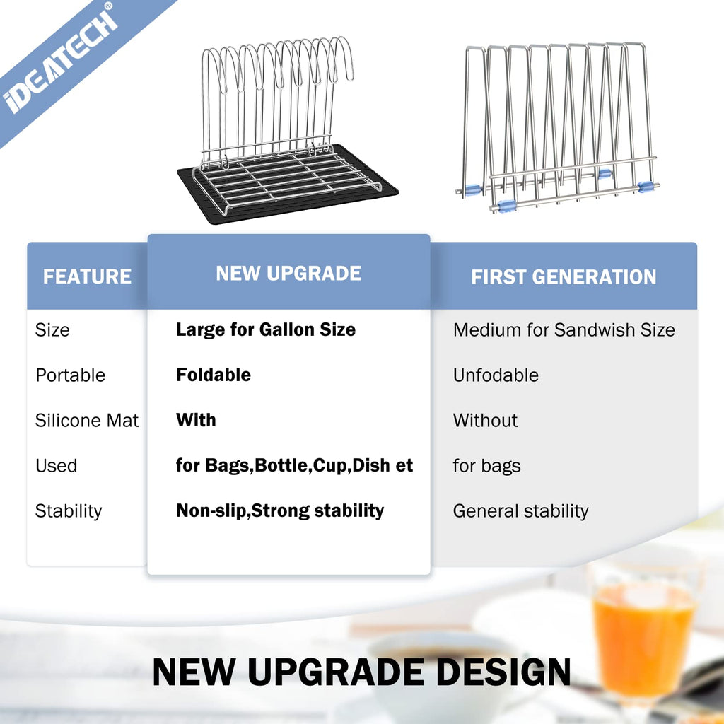 IDEATECH Reusable Bag Rack with Cup Drying Mat,Plastic Bag Dryer Rack Dish Drying,Collapsible Kitchen Counter Storage Organizer Sponge Holder,Dryer Rack for Silicone Storage Bag,Kitchen Must Have