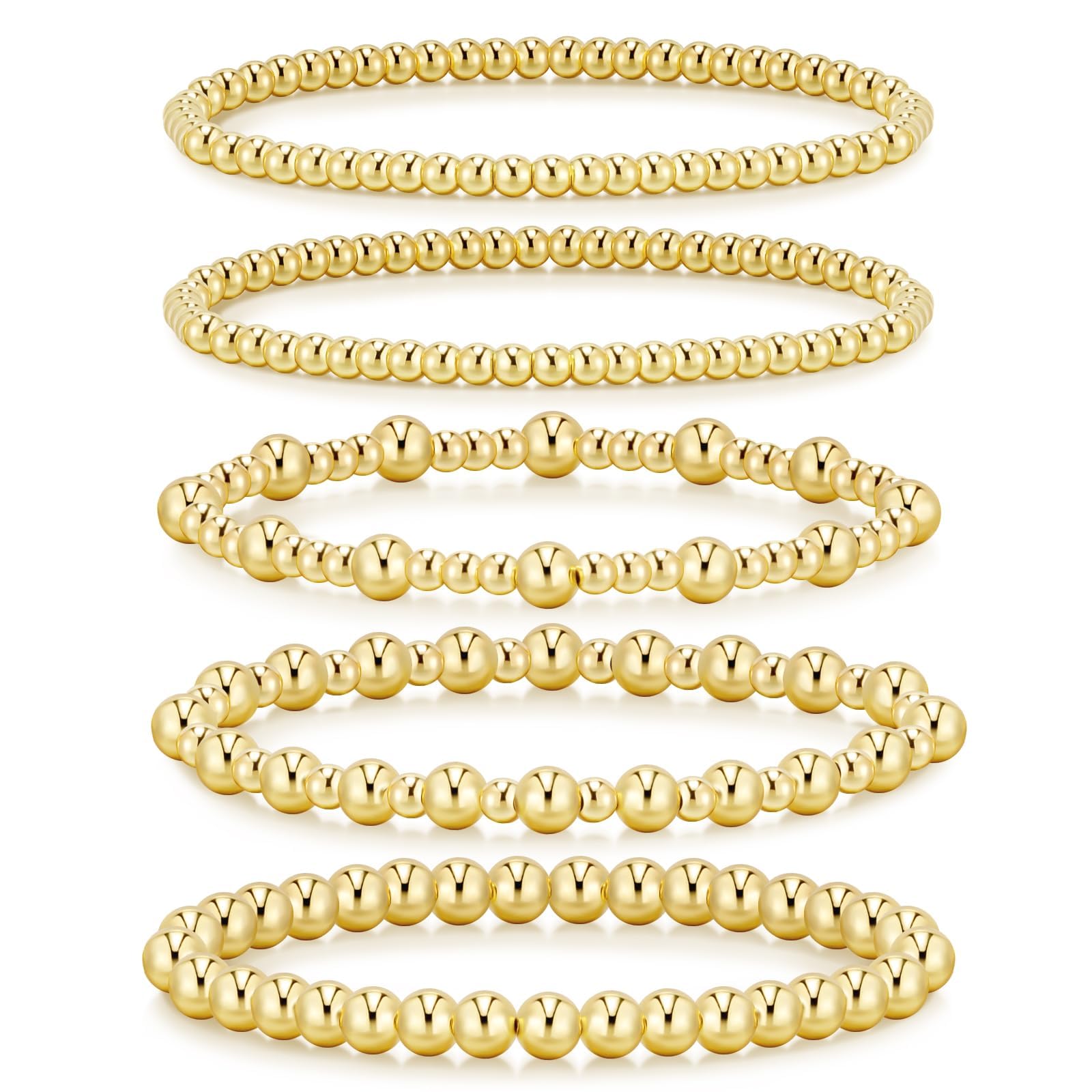 adoyi Gold Bracelets for Women Waterproof, 14K Gold Plated Beaded Strand Bead Ball Bracelets stack Adjustable Jewelry Set for Gifts