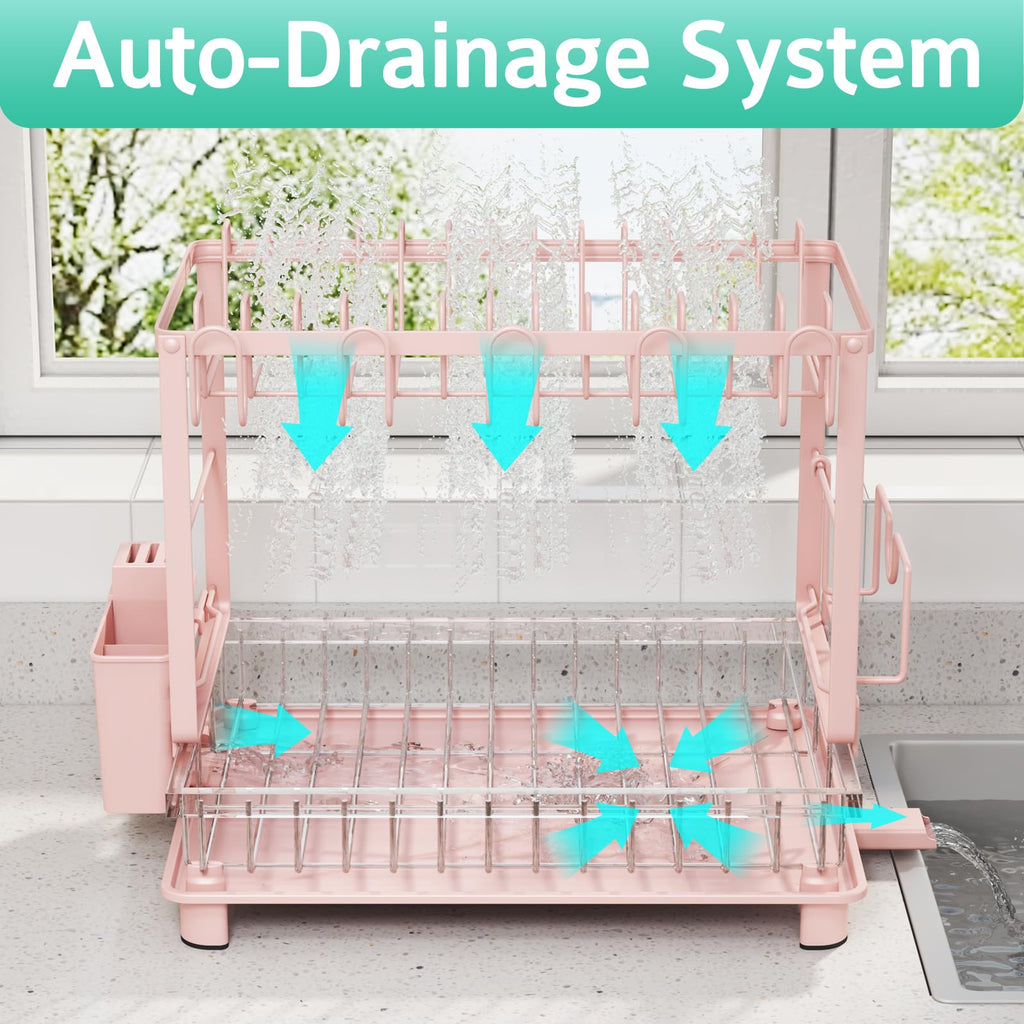 Dish Drying Rack, 2 Tier Space-Saving Dish Rack, Multifunctional Dish Drainer for Kitchen Counter with Drainboard/Utensil/Cup Holder Rustproof Carbon Steel, Black