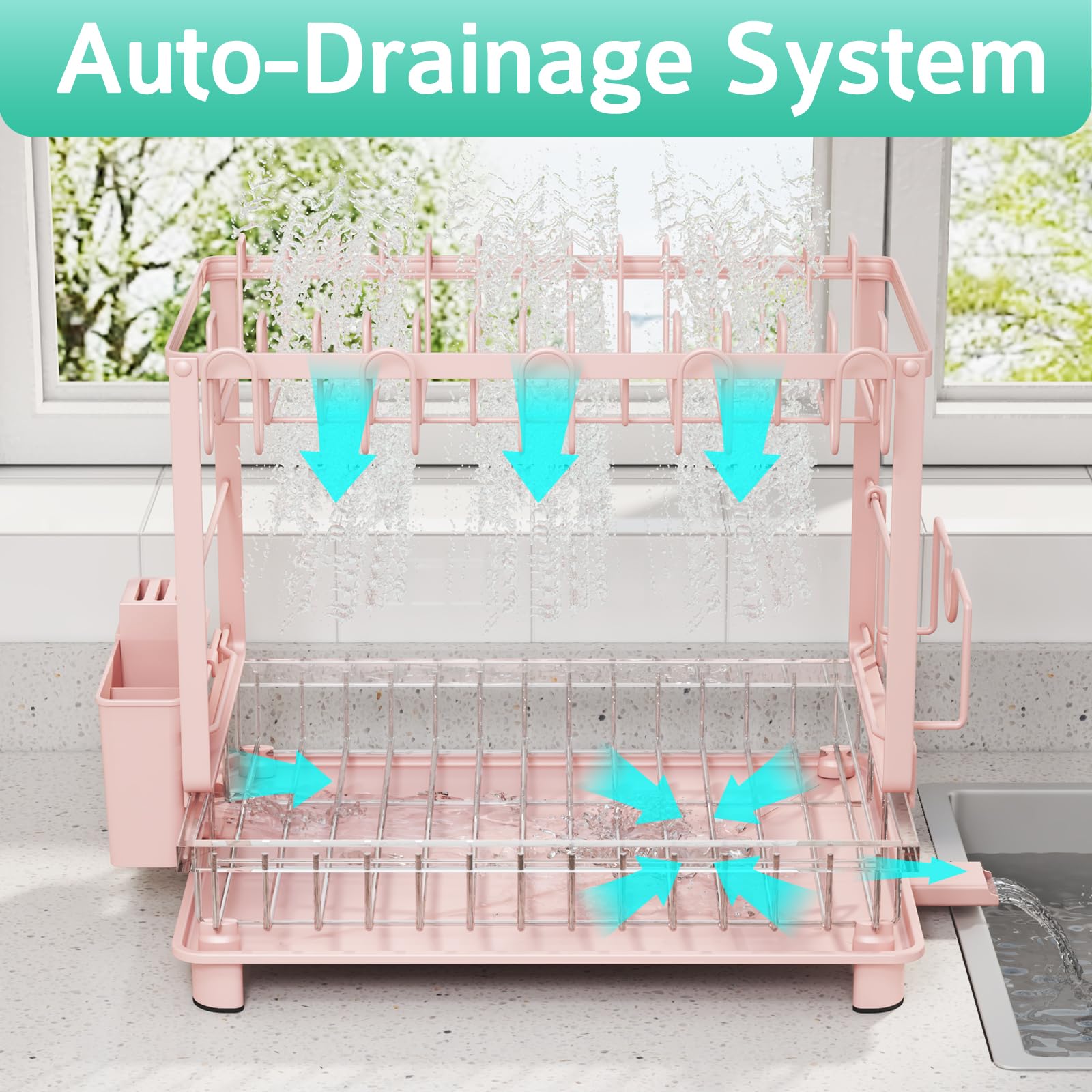 Dish Drying Rack, 2 Tier Space-Saving Dish Rack, Multifunctional Dish Drainer for Kitchen Counter with Drainboard/Utensil/Cup Holder Rustproof Carbon Steel, Black