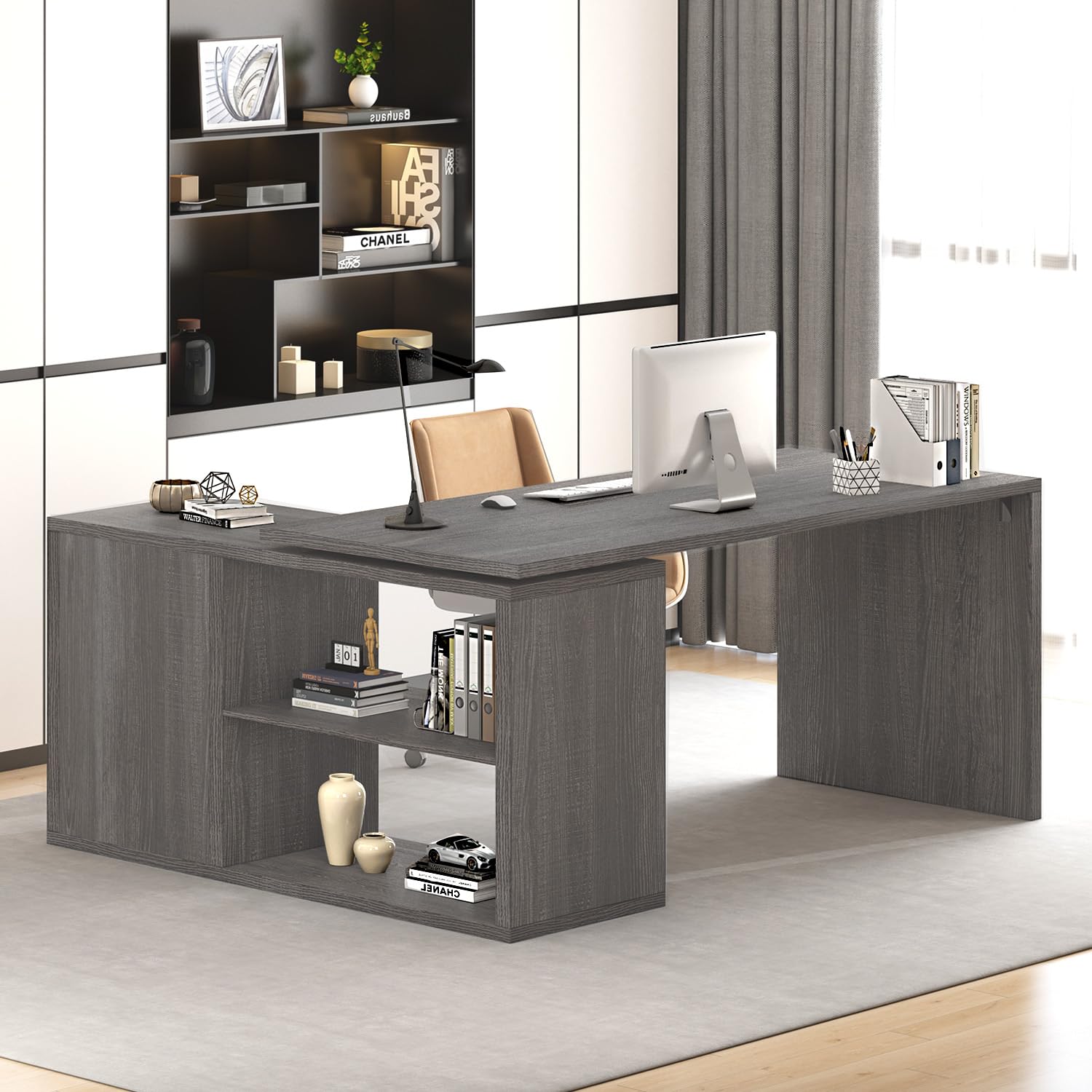 HSH Black L Shaped Computer Desk, Corner Desk with Storage Cabinet Shelves, Reversible Industrial Wood Executive Workstation, L-Shaped Home Office Table for Work Study Writing Gaming, 55 Inch