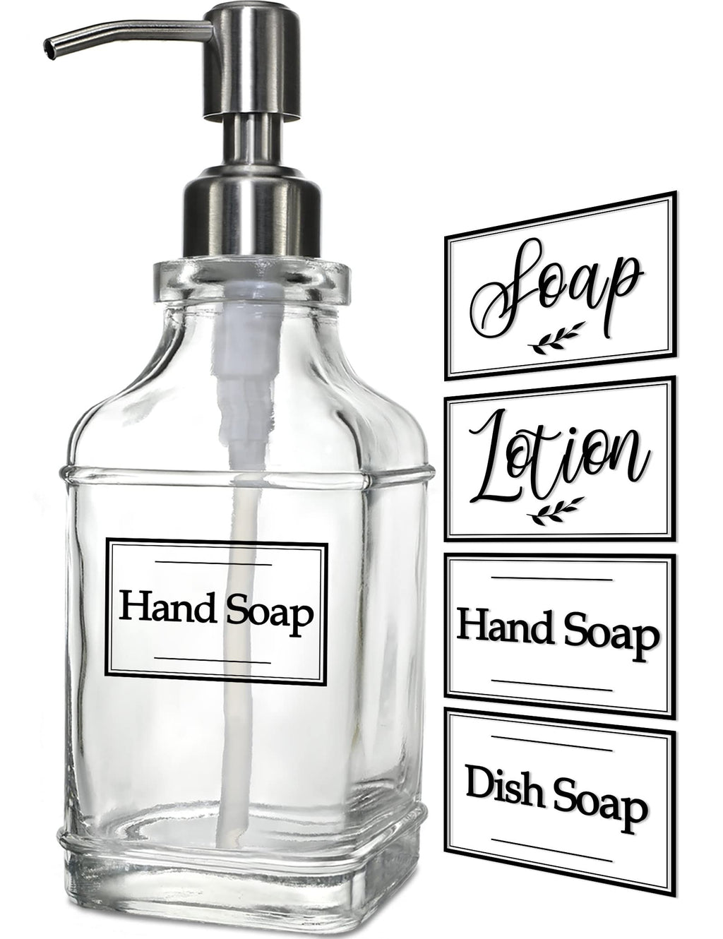 JASAI Antique Design Soap Dispenser with Rust Proof 304 Stainless Steel Pump, Refillable Glass Soap Dispenser with 10Pcs Clear Stickers, Premium Kitchen & Bathroom Soap Dispenser