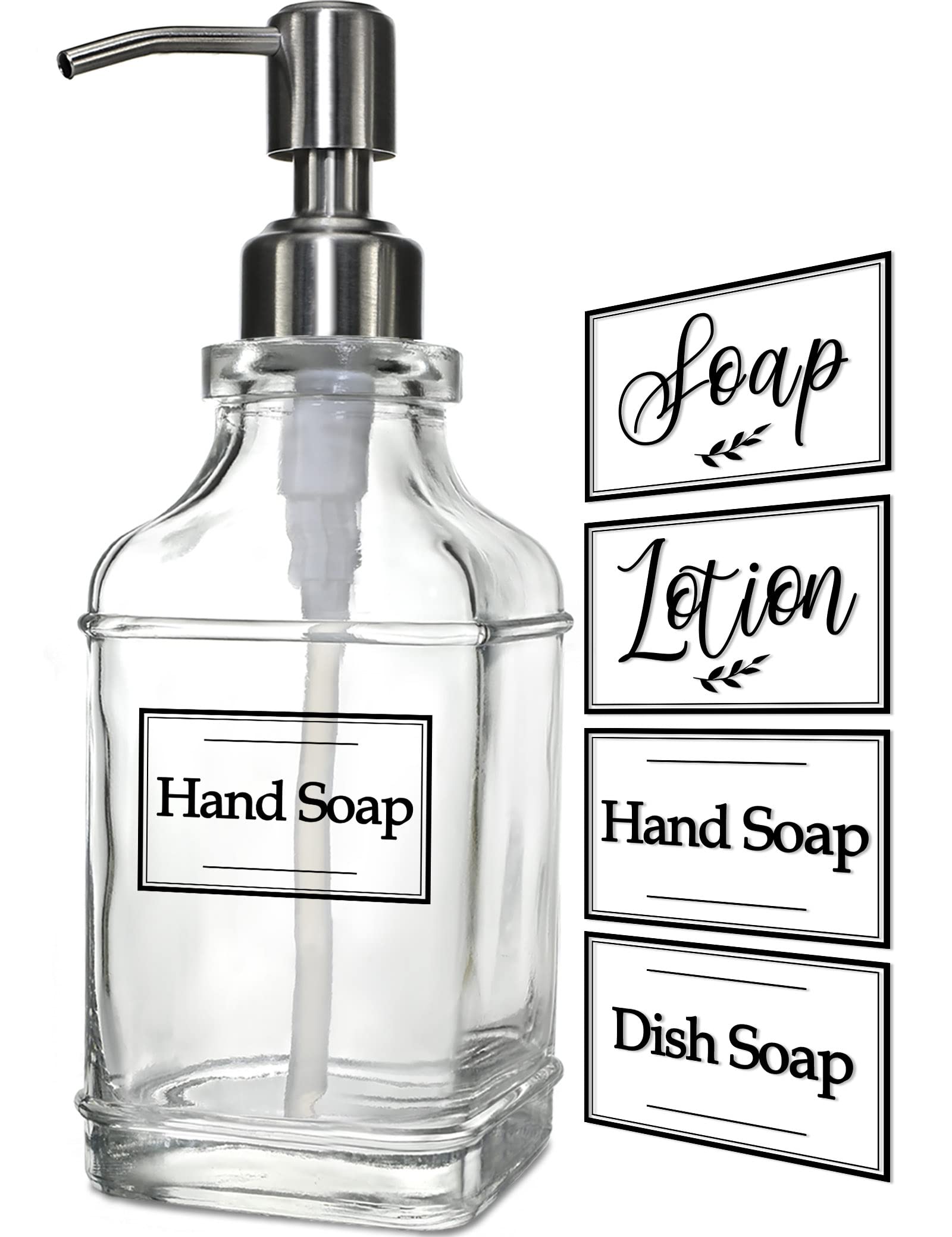 JASAI Antique Design Soap Dispenser with Rust Proof 304 Stainless Steel Pump, Refillable Glass Soap Dispenser with 10Pcs Clear Stickers, Premium Kitchen & Bathroom Soap Dispenser