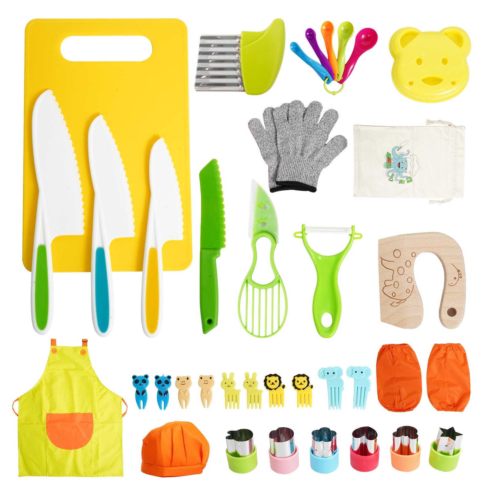 Kids Knife Set, 5 Pcs Montessori Kitchen Tools for Toddlers' Real Cooking for 3+, BPA Free Kids Safe Kitchen Cooking and Baking Set with Peeler, Cutting Board for Sandwich Bread Vegetable Fruit Gift