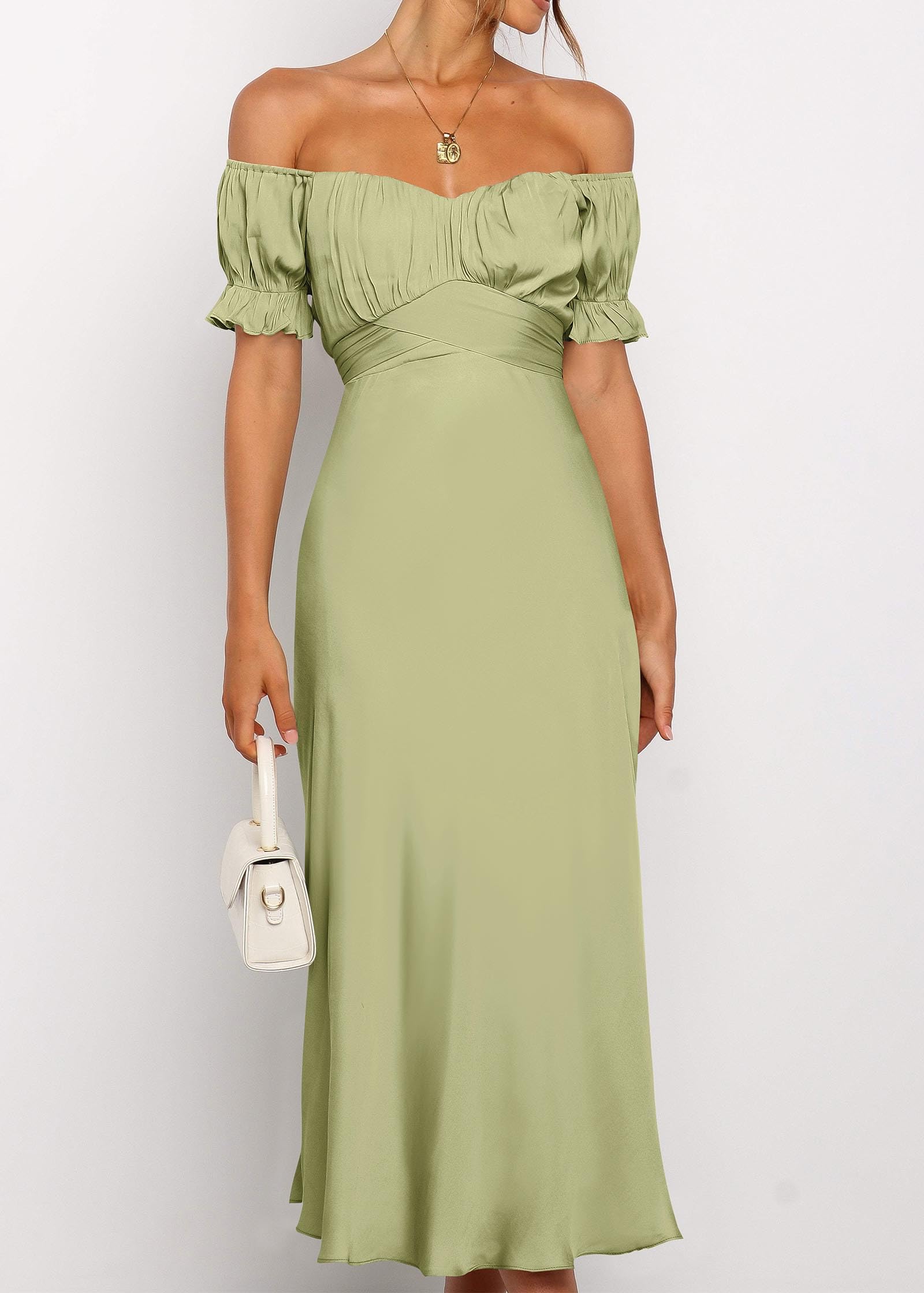 KIRUNDO Women's 2026 Spring Summer Satin Wedding Guest Midi Dress Off The Shoulder Wrap Party Cocktail Formal Prom Dresses