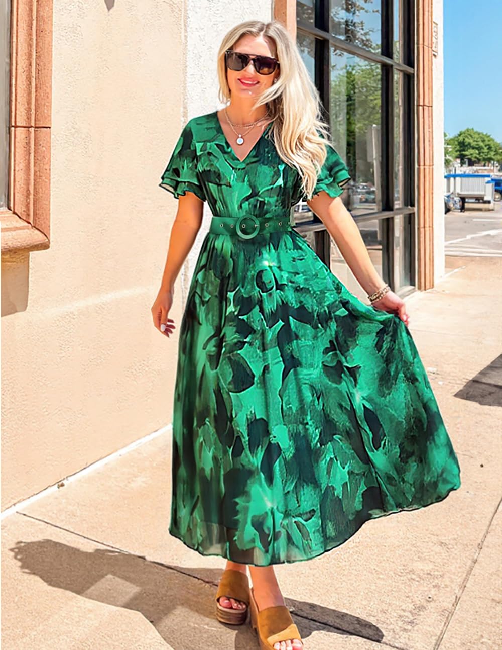 ZESICA Women's 2026 Summer Floral V Neck Midi Dress Boho Short Sleeve High Waist Flowy Beach Vacation Dresses with Belt