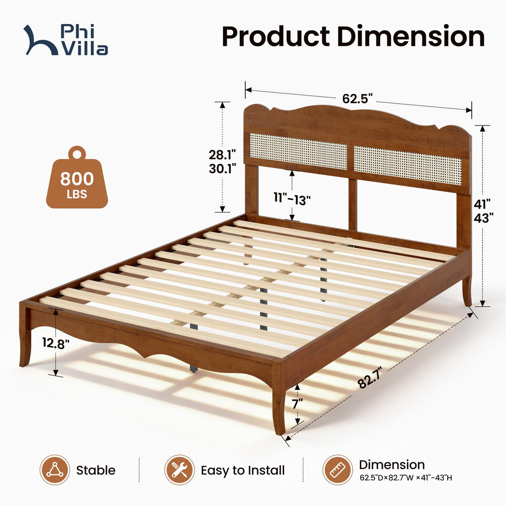 PHI VILLA Full Rattan Bed Frame with Headboard, Mid Century Modern Wooden Bed Frames, No Box Spring Needed, Brown