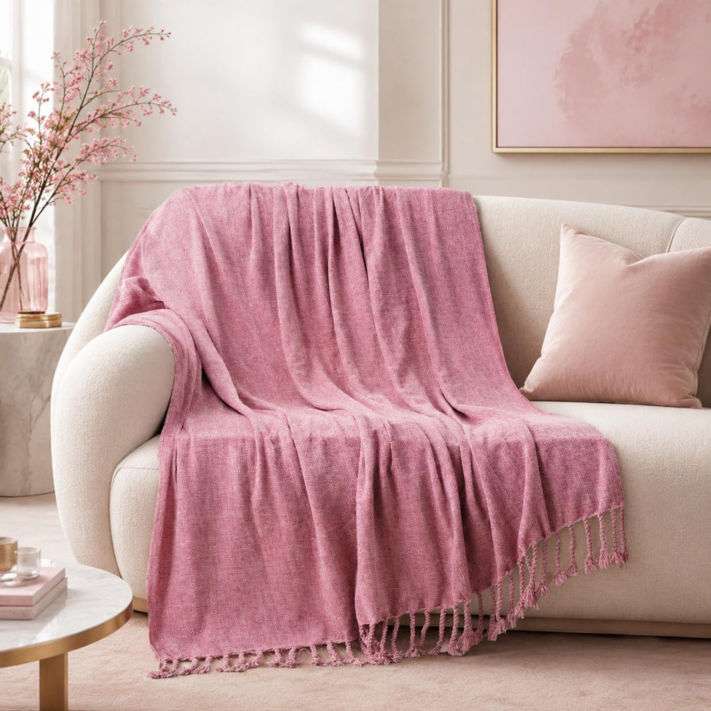 BATTILO HOME Beige Chenille Throw Blanket for Couch, Soft Cozy Textured Knit Throw Blanket with Handmade Fringe Tassels, Lightweight Decorative Farmhouse Blanket for Sofa Bed Chair, 50"x60"