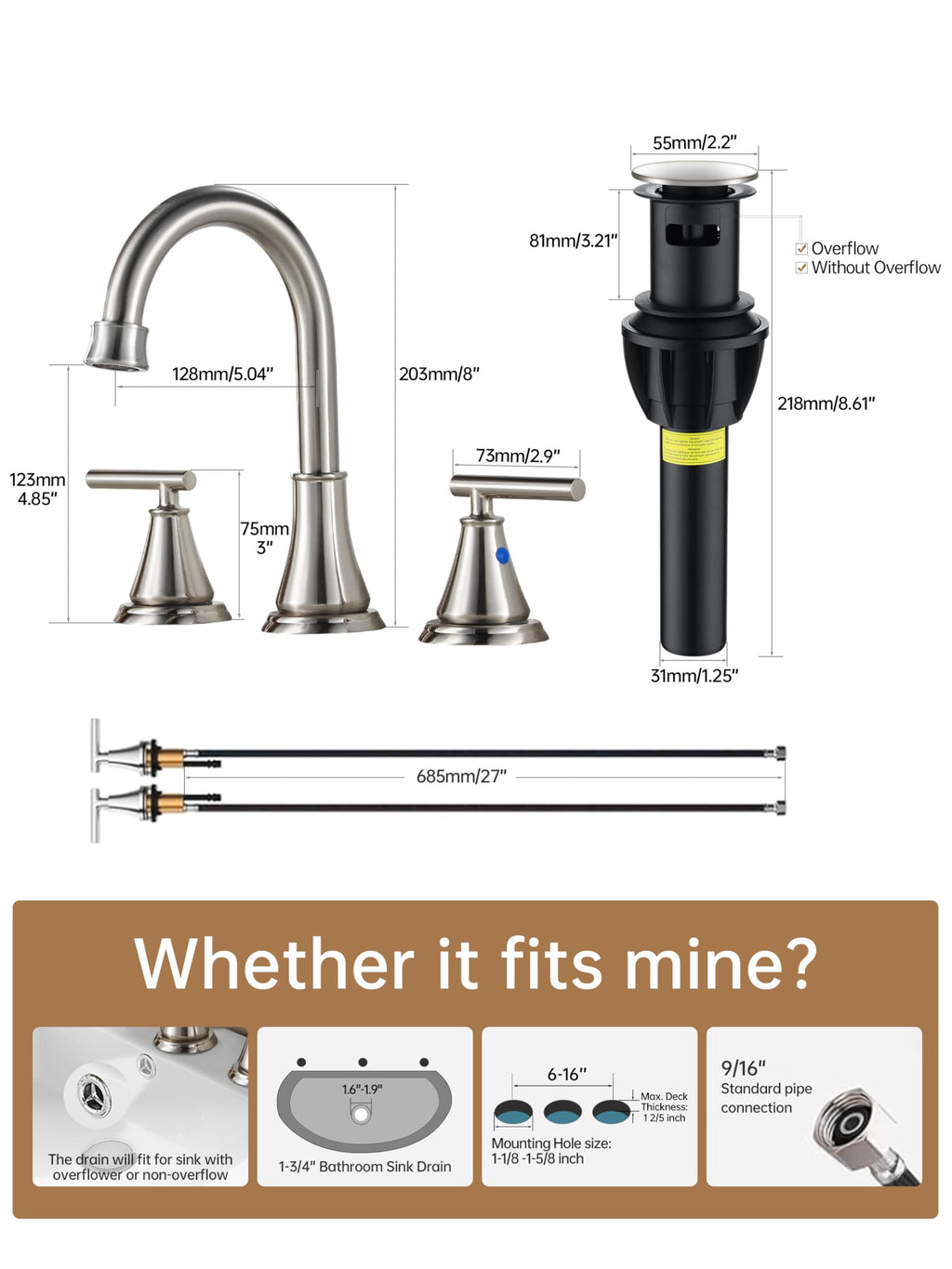 Fransiton Widespread Bathroom Sink Faucet 3 Hole, Brushed Gold Bathroom Faucet with Metal Pop-Up Drain, 2 Handle for 6-16" RV Vanity Sink