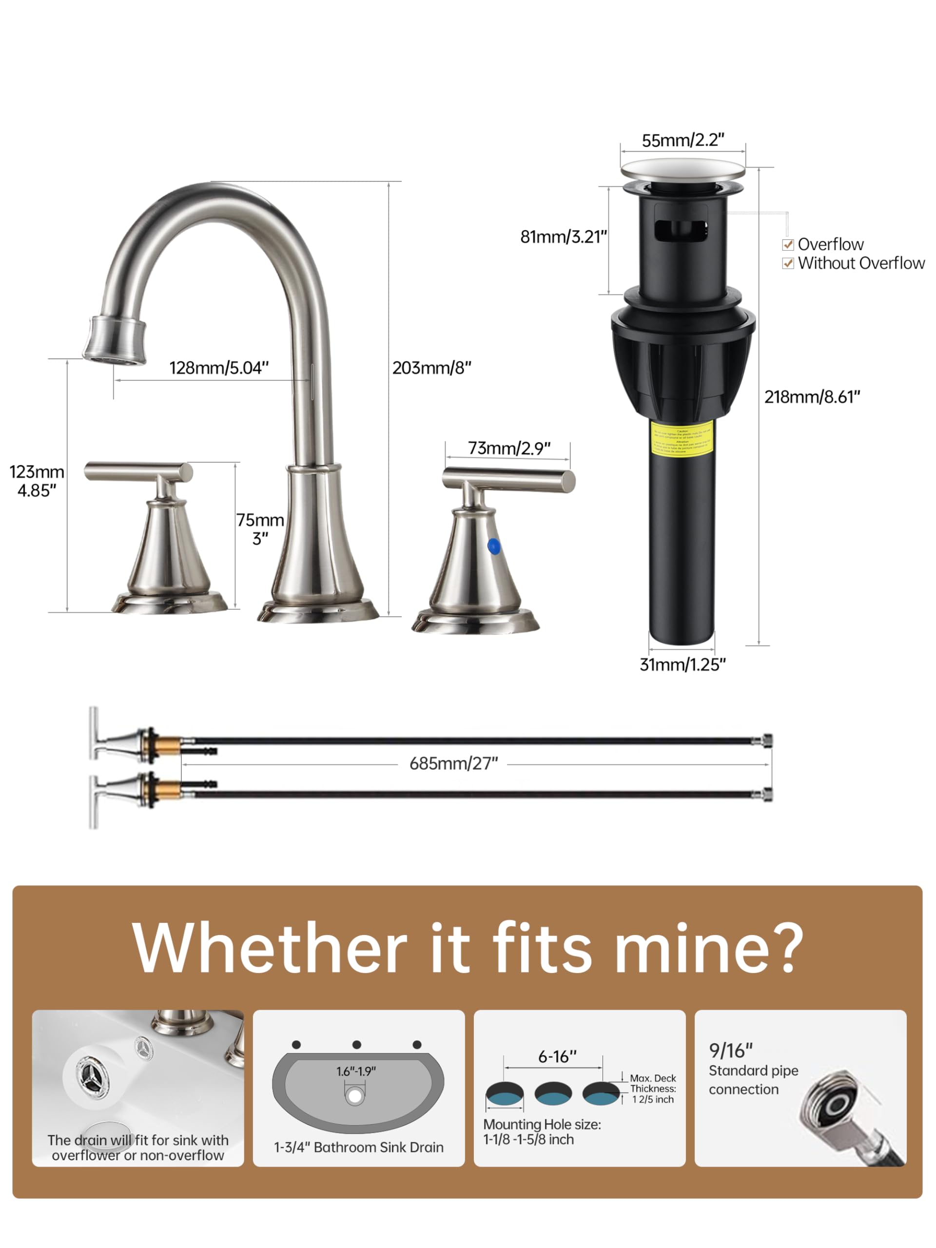 Fransiton Widespread Bathroom Sink Faucet 3 Hole, Brushed Gold Bathroom Faucet with Metal Pop-Up Drain, 2 Handle for 6-16" RV Vanity Sink