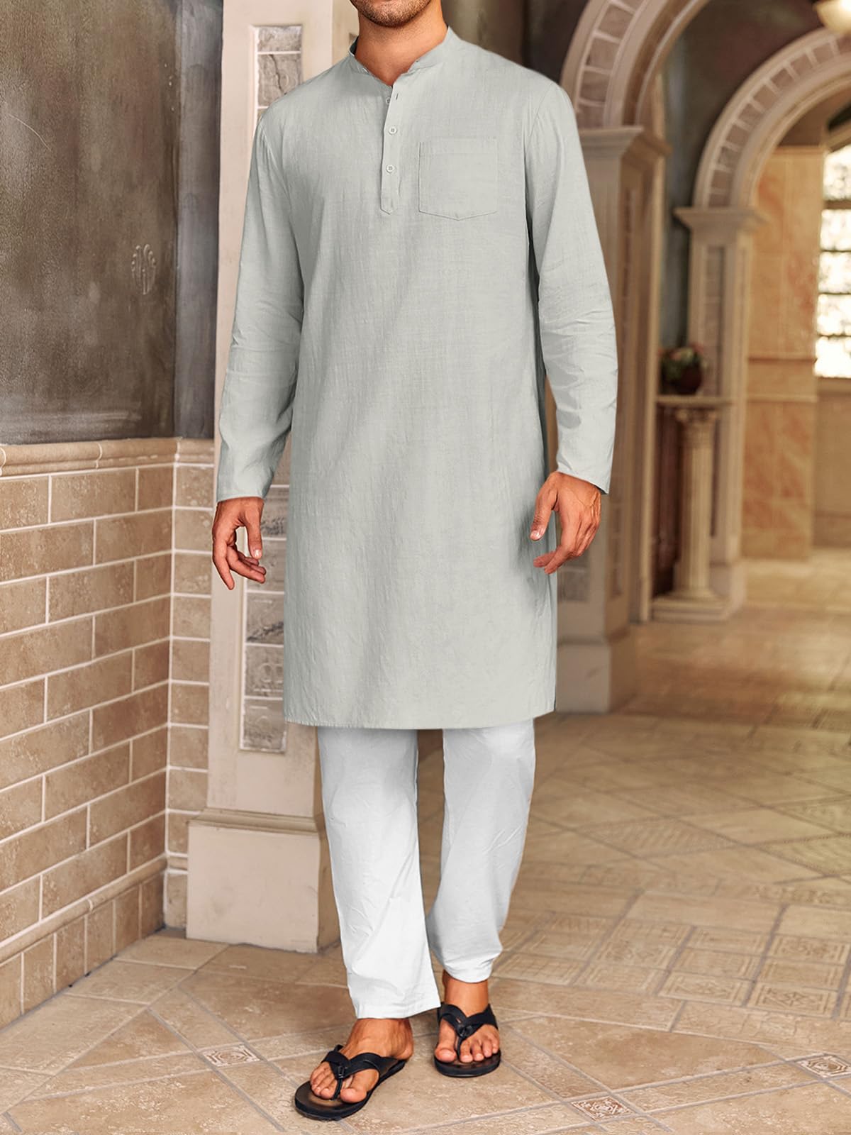 Gafeng Mens Kaftan Robe Button Down Long Sleeve Henley Cotton Thobe Casual Side Split Gown Shirt