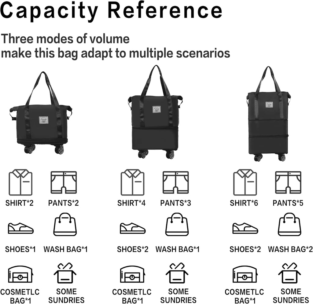 Finnhomy 50L Expandable Rolling Duffel Bag with Wheels Foldable Duffel Bag for Travel Carry on Bag with Wheels Luggage Travel bag Detachable Wheel Duffel Bag for Shopping Travel Outdoor, Black