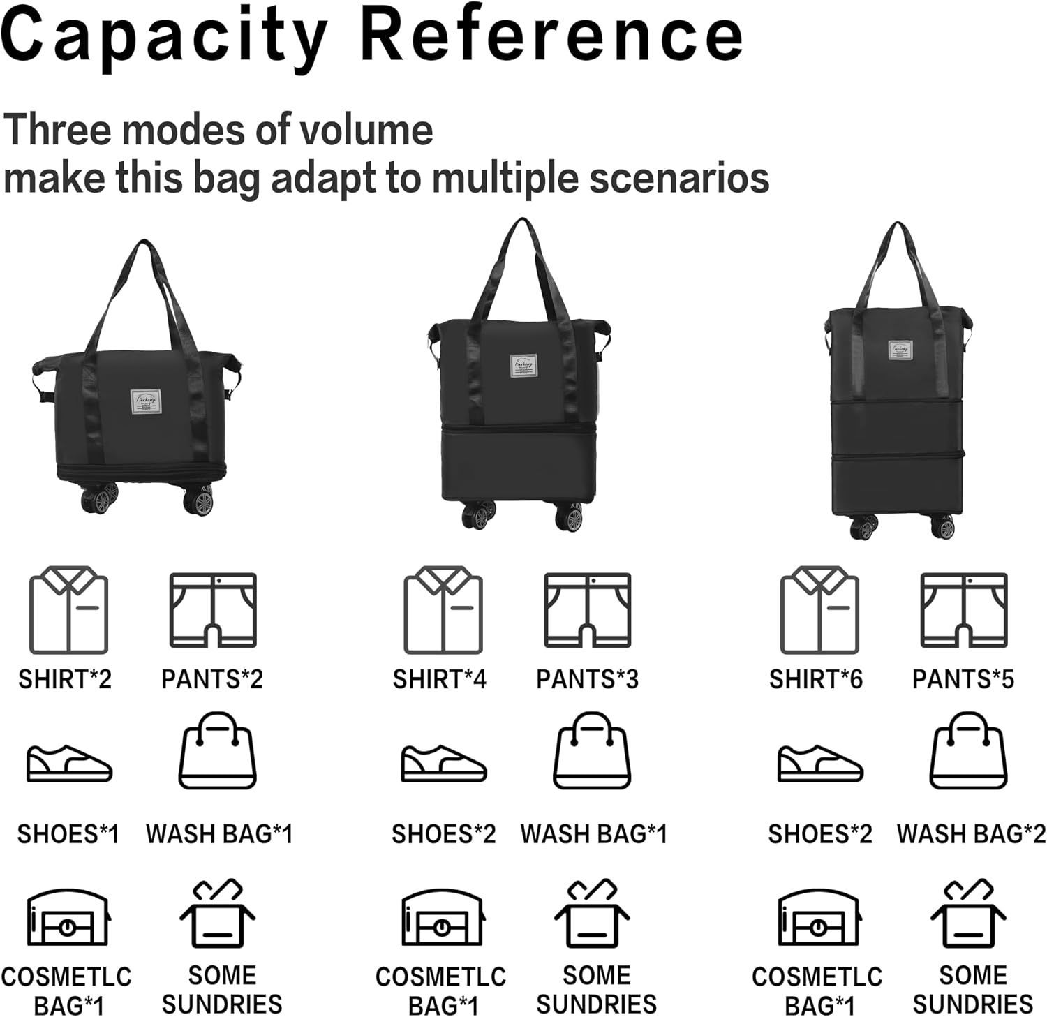 Finnhomy 50L Expandable Rolling Duffel Bag with Wheels Foldable Duffel Bag for Travel Carry on Bag with Wheels Luggage Travel bag Detachable Wheel Duffel Bag for Shopping Travel Outdoor, Black