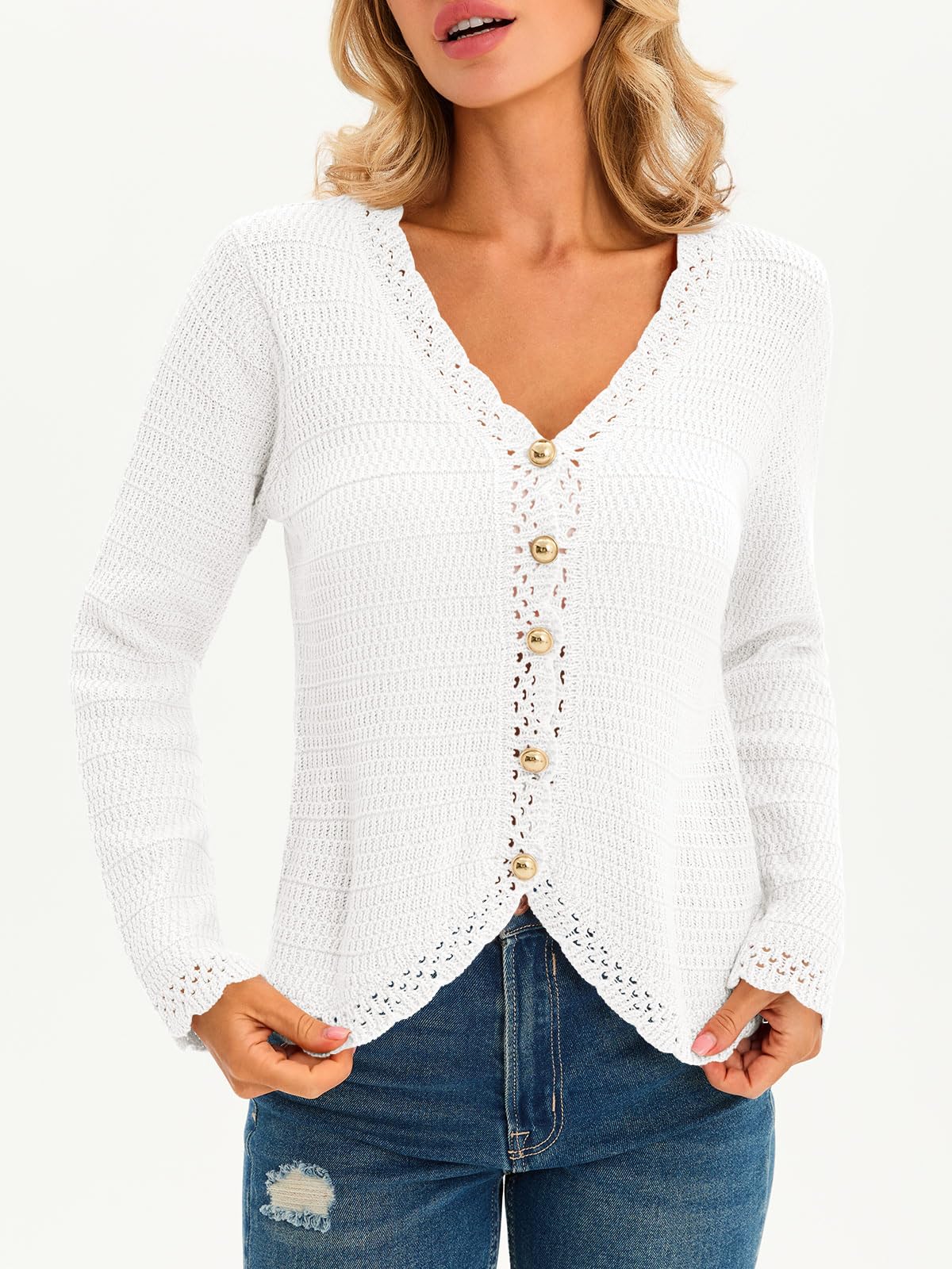 Saodimallsu Womens V Neck Cardigan Sweaters Button Up Cropped Boho Knit Long Sleeve Loose Trendy Sweater Tops