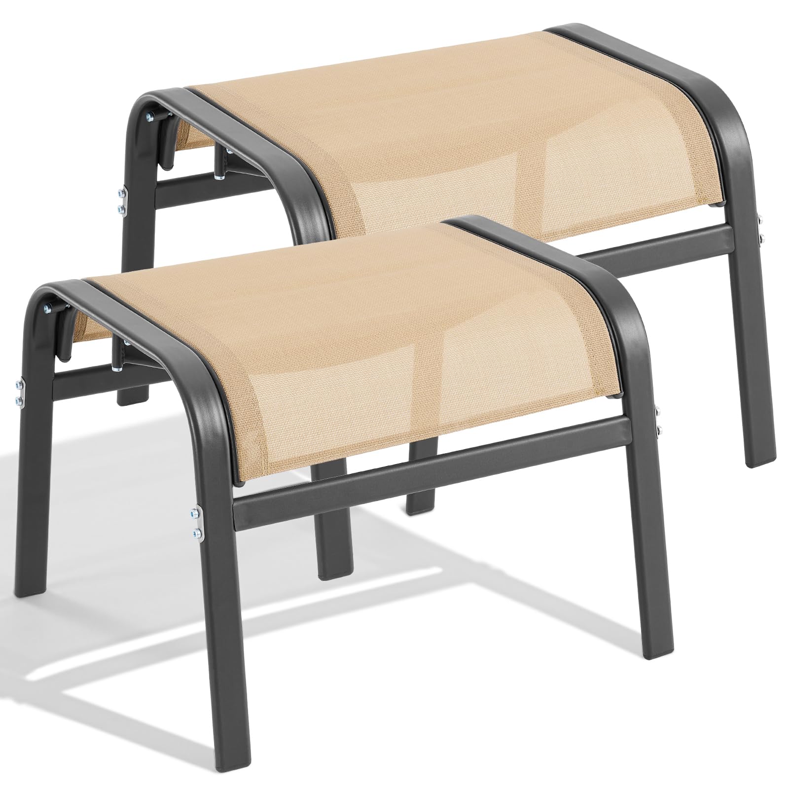 ONBRILL Outdoor Ottoman Set of 2, All Weather Outdoor Foot Stool with Supportive Textliene and Metal Frame, Stackable Oversized Outdoor Foot Rest for Furniture Patio Garden Pool, Beige