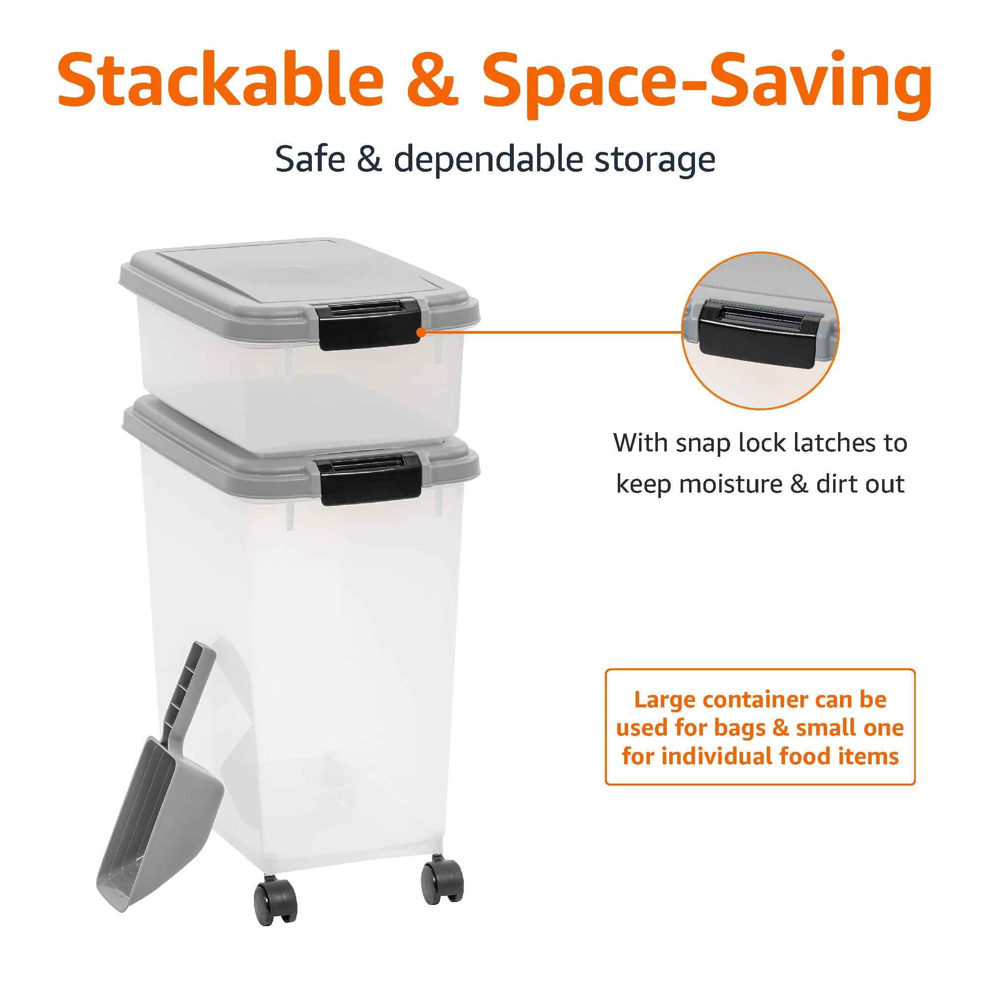 Amazon Basics 3-Piece Airtight Pet Food Storage Container Combo with Scoop, BPA Free, Removable Wheels, 33 QT + 12 QT