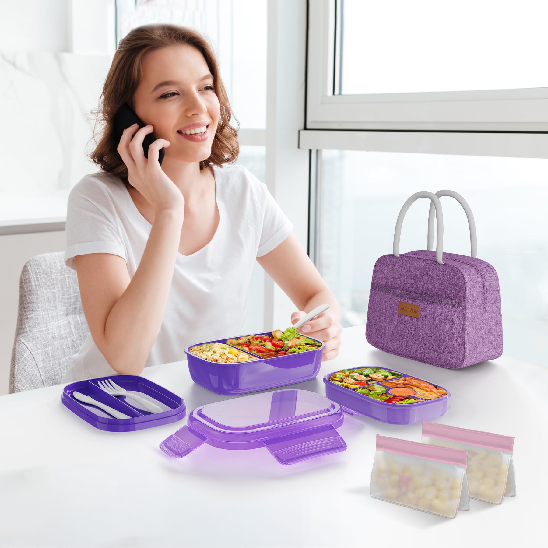 JBGOYON® Bento Lunch Box Set - 3 Stackable Containers for Adults and Kids- Includes Lunch Bag, Leak-Proof and BPA-Free - Built-in Utensil Set and Snack Bag - Dishwasher Safe(Grey Black)