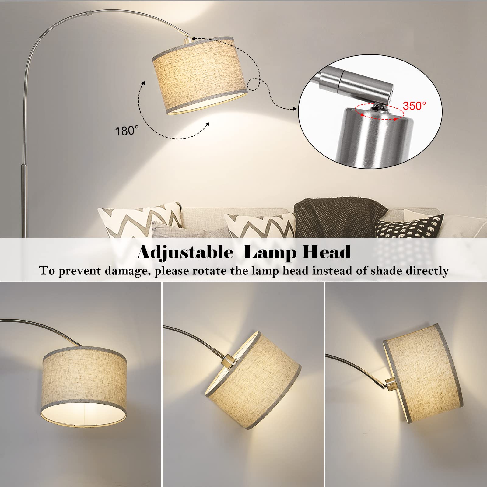 Rattan Floor Lamp, Arc Floor Lamps for Living Room, Farmhouse Standing Lamp with Adjustable Hanging Fabric Shade, Tall Pole Lamp with Foot Switch, Over Couch Arched Reading Light for Bedroom, Office
