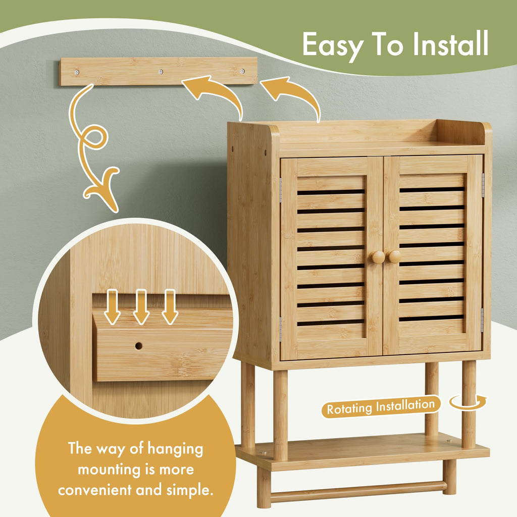 AmazerBath Bathroom Wall Cabinets, Bamboo Medicine Cabinet with Rattan Door, Over The Toilet Storage Cabinet with Towel Bar, Wall Mounted Cabinet with Adjustable Shelves for Small Spaces