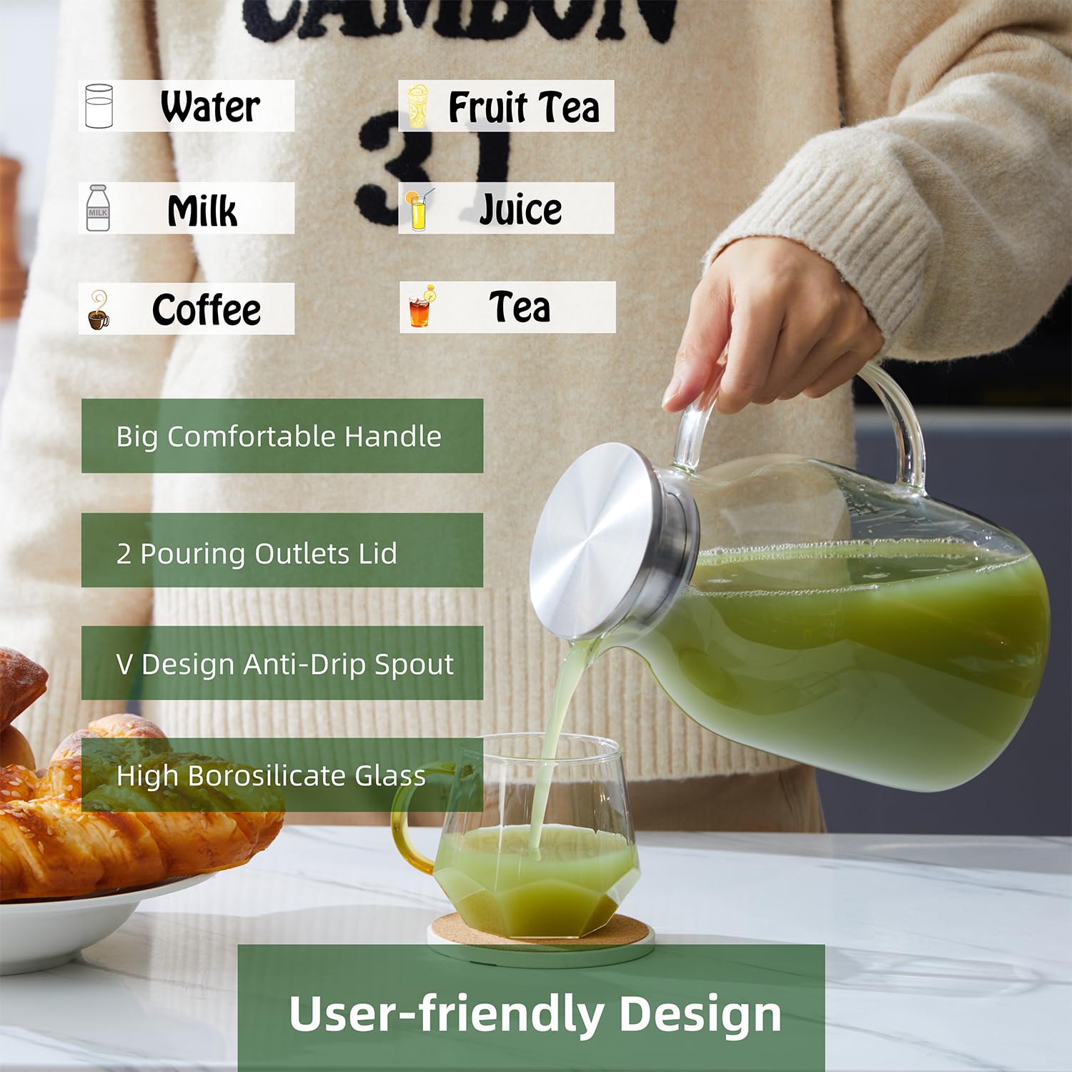 Karafu 68 Oz/2 Liter Glass Pitcher with Lid, Heat Resistant Water Jug for Hot/Cold Water, Ice tea and Juice Beverage