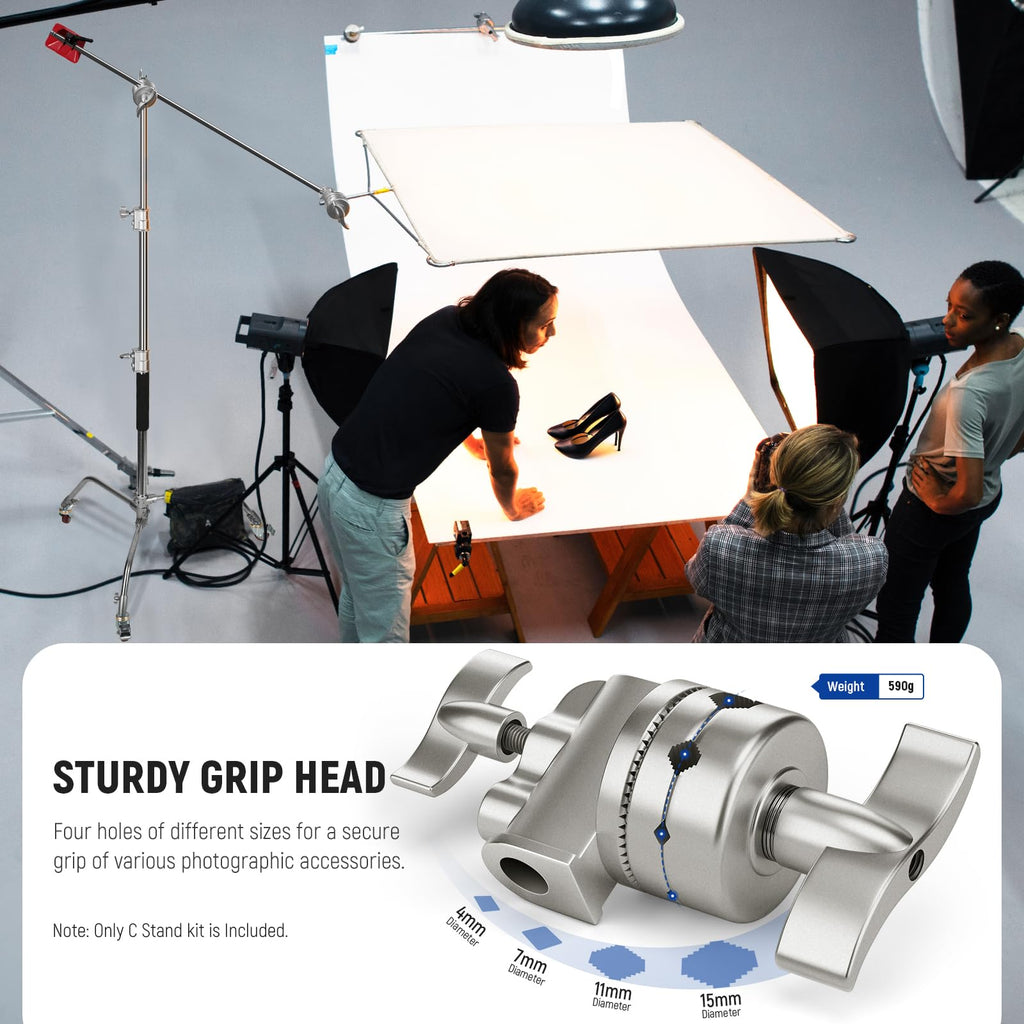 NEEWER Pro 100% Stainless Steel Heavy Duty C Stand with Boom Arm, Max Height 68"/172cm Photography Light Stand with 2.7ft/83cm Holding Arm, 2 Grip Head for Studio Monolight, Softbox, Reflector, SC172