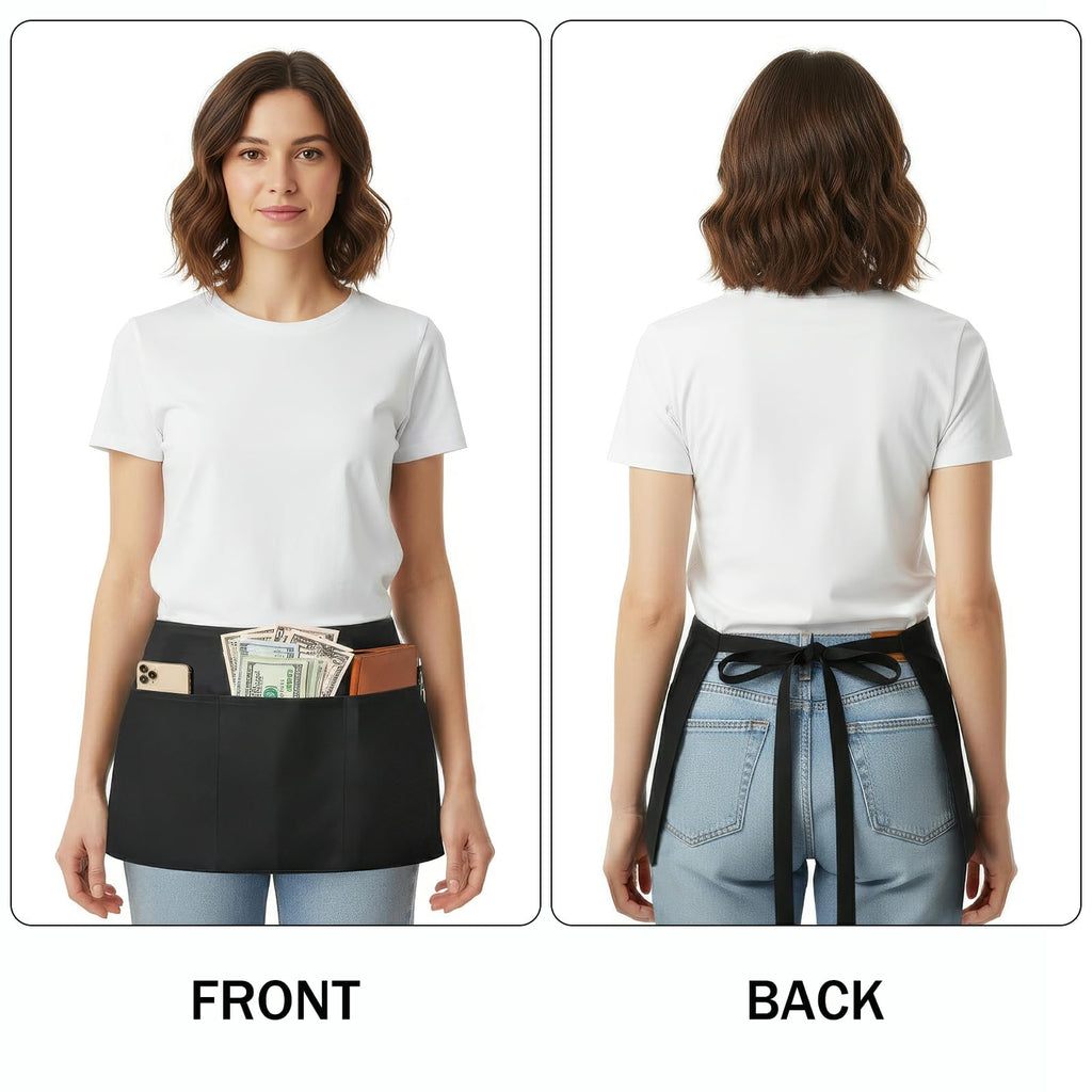 BOHARERS Waist Apron with 3 Pockets - White Waitress Waiter Server Short Apron