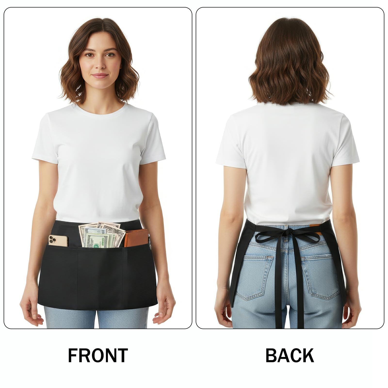 BOHARERS Waist Apron with 3 Pockets - White Waitress Waiter Server Short Apron