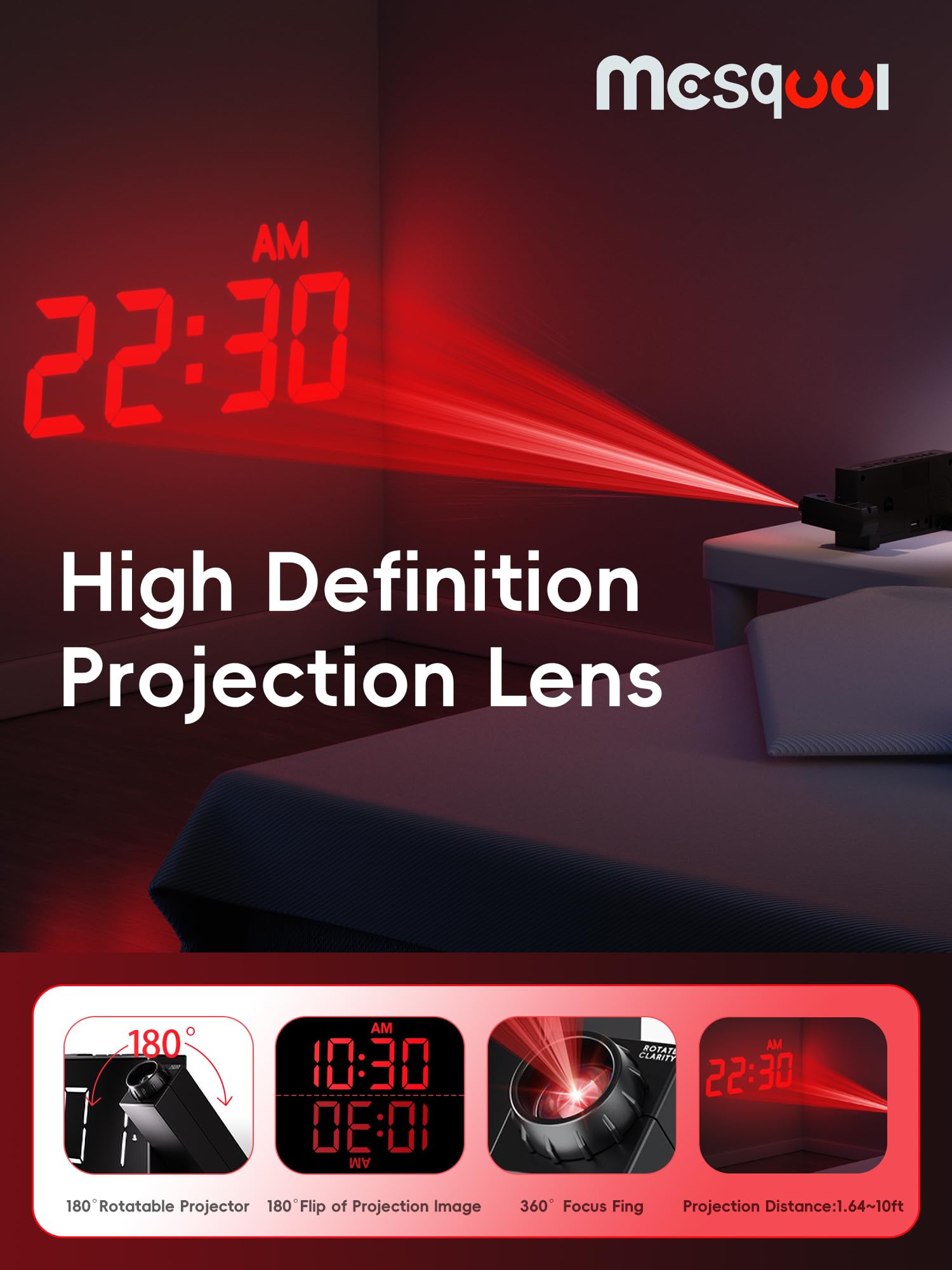 Digital Projection Alarm Clocks for Bedrooms - Large LED Display, 180° Rotatable Projector, 5-Level Dimmer,USB Charger,Battery Backup,Loud Dual Alarms for Kids Elderly,Heavy Sleepers,Snooze,12/24H,DST