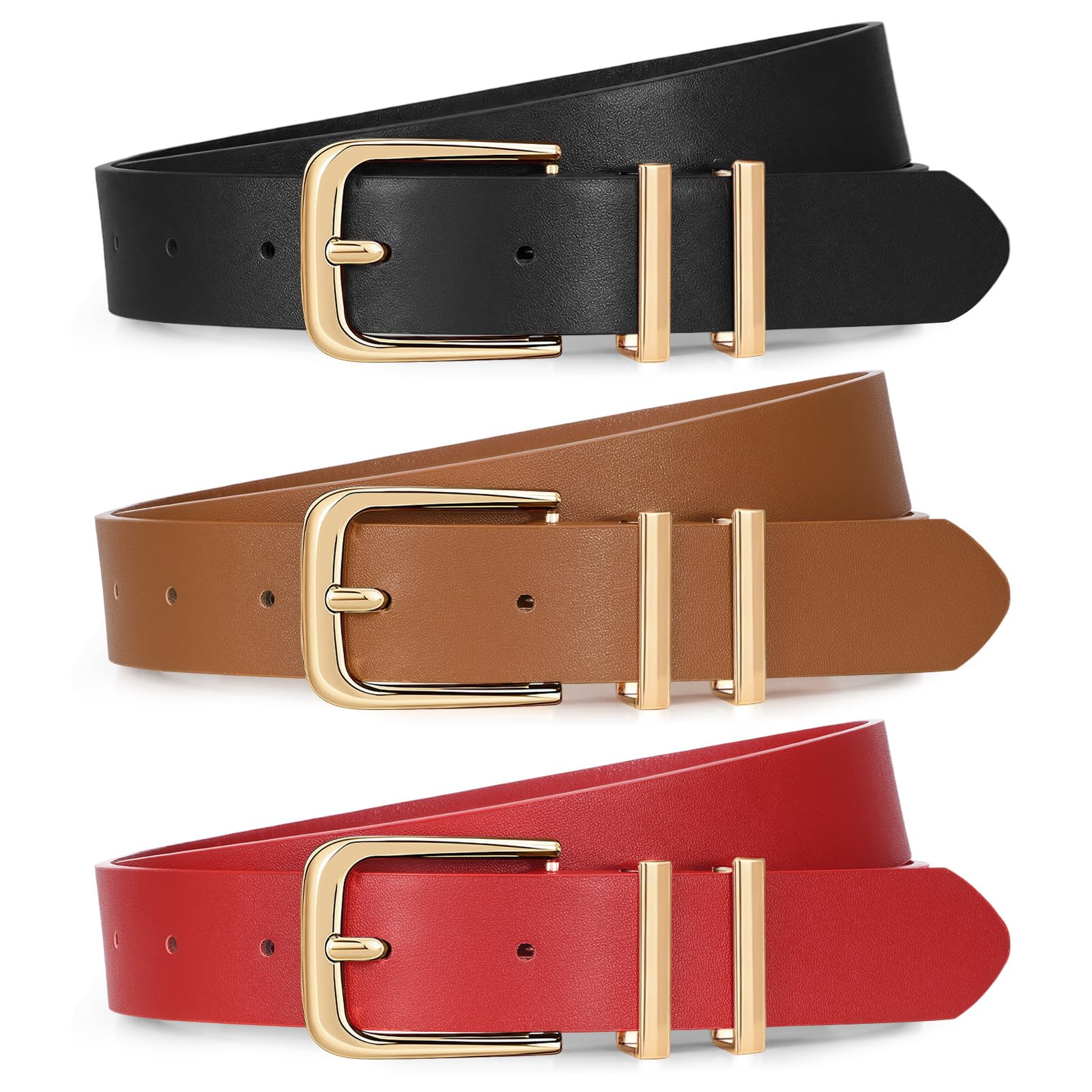 XZQTIVE 3 Pack Women Belts For Jeans Dresses Pants Ladies Leather Waist Belt with Gold Buckle
